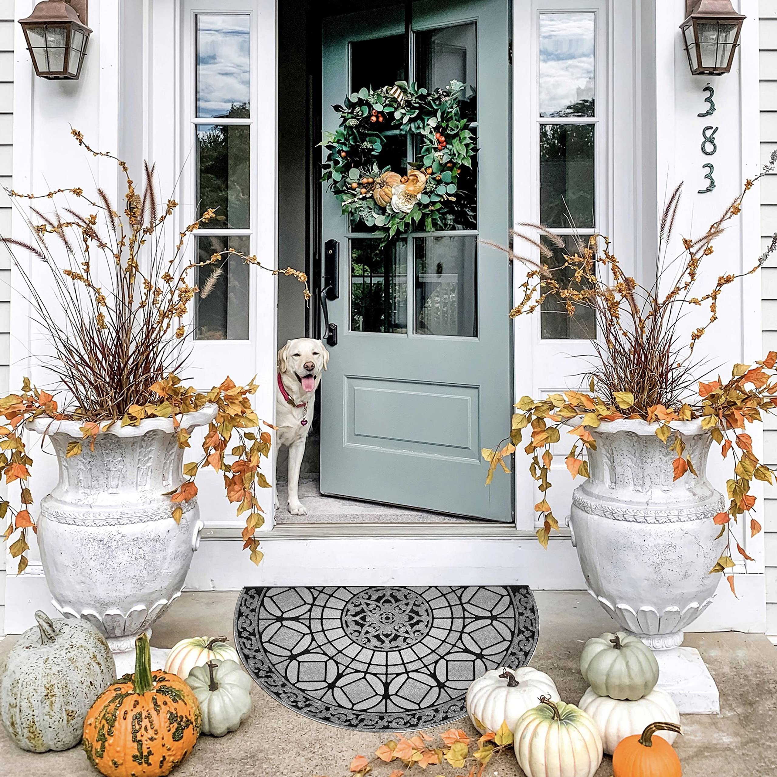 Half Round Door Mat for Outside Entry Rug Decorative Welcome Mat for Front Outdoor Entrance Sassafras Doormat 2 x 3 Rug Nonslip Indoor Rubber Dirt Trapper Mat (Grey Light Navy)