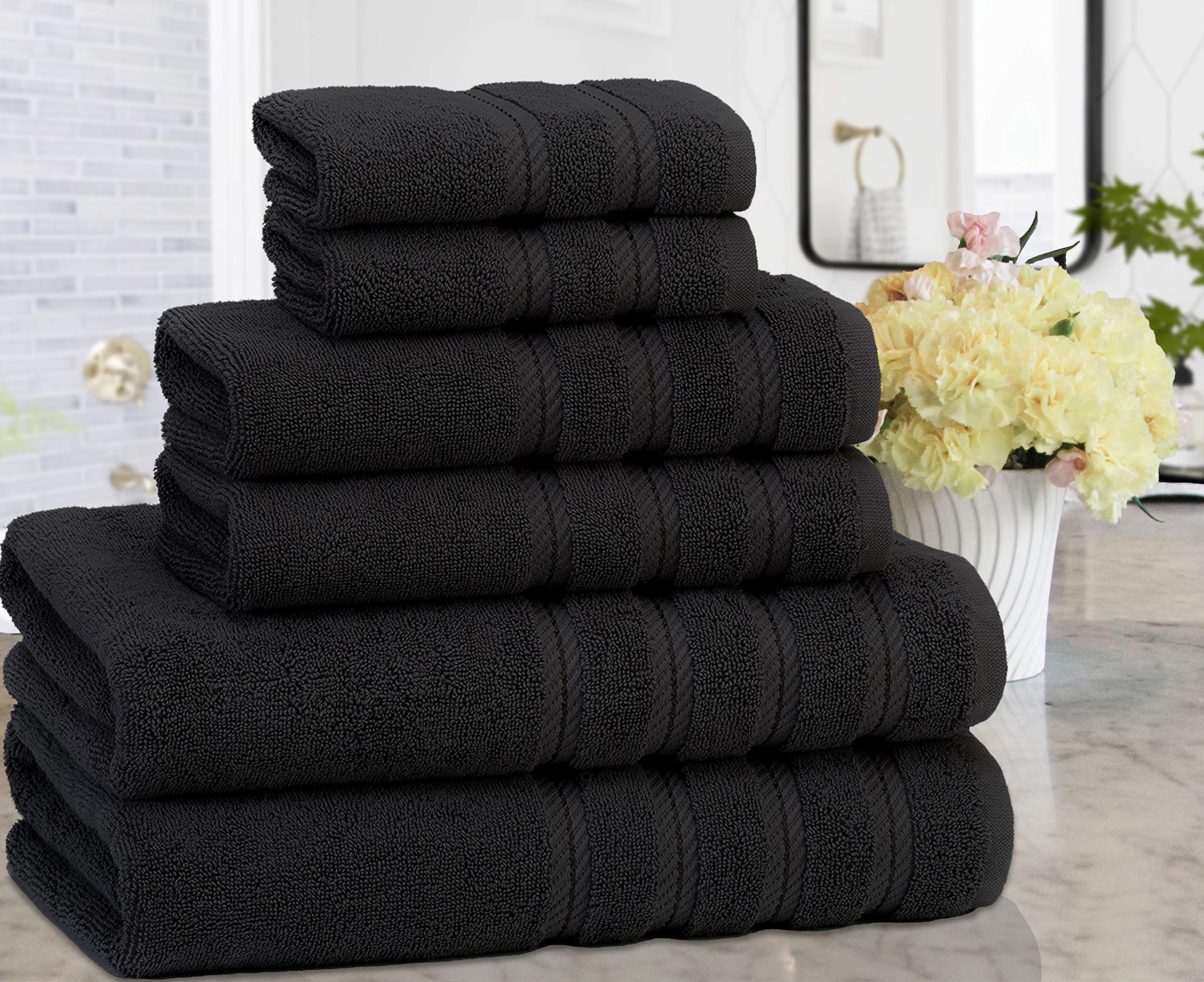 American Soft Linen 100% Turkish Carde Cotton 6 Piece Towel Set  560 GSM Towels for Bathroom  Super Soft 2 Bath Towels 2 Hand Towels 2 Washcloths  Coal Black