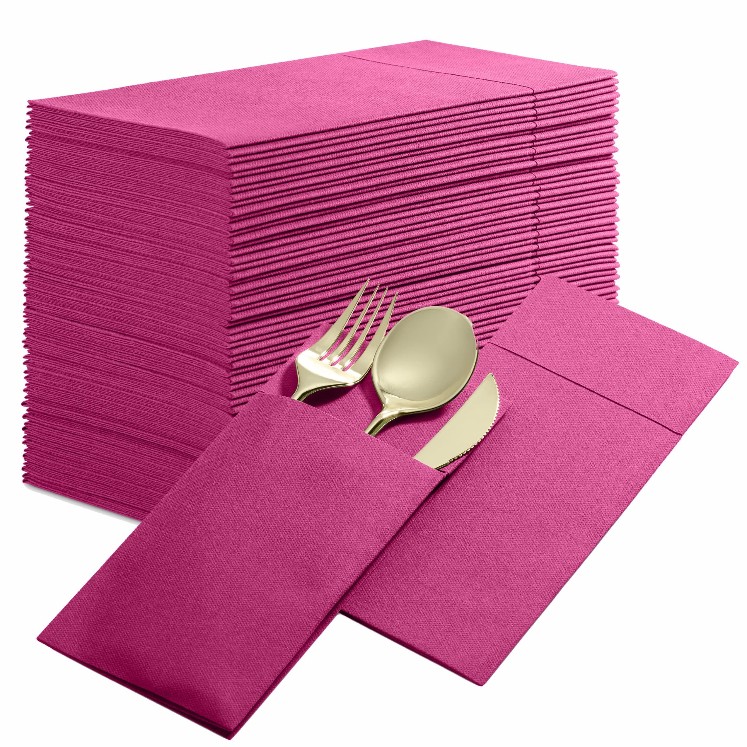 Disposable Linen-Feel Dinner Napkins With Built-In Flatware Pocket, 50-Pack Fuchsia Prefolded Cloth Like Paper Napkins For Dinne