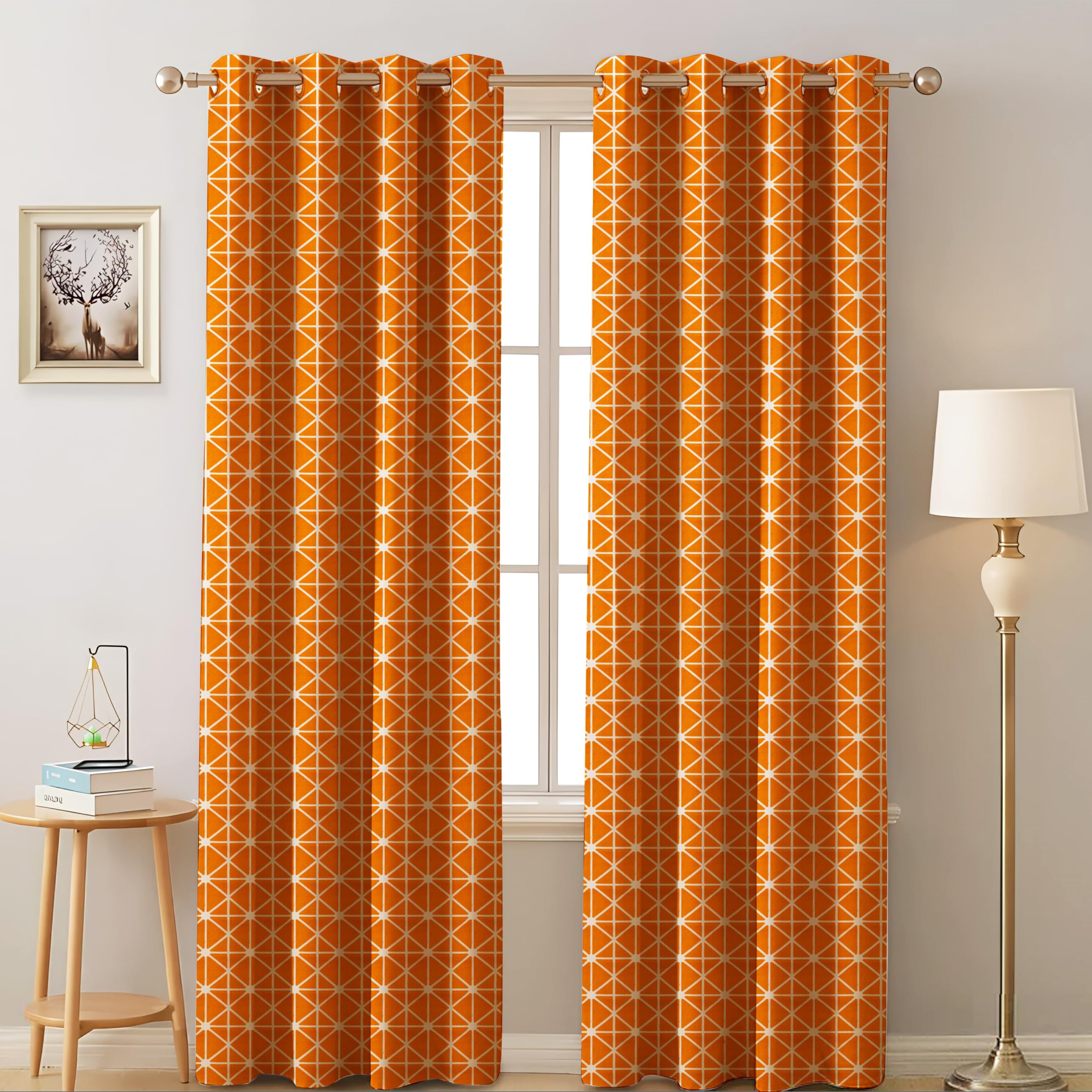 Amazon Basics - Geometric Print Light Filtering Curtains | 100% Cotton 150 Tc | Set Of 2 | 7 Feet | 115 X 210 Cm | Orange | Eyel