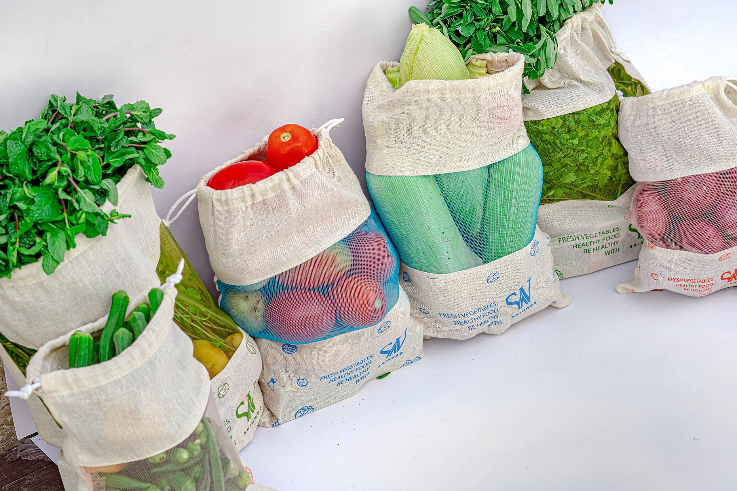 Skinwoo Set Of 6 Organic Cotton Reusable Vegetable Bag For Fridge, Eco Friendly Storage Bags, 11 X 13 Inch For Fruits, Vegetable