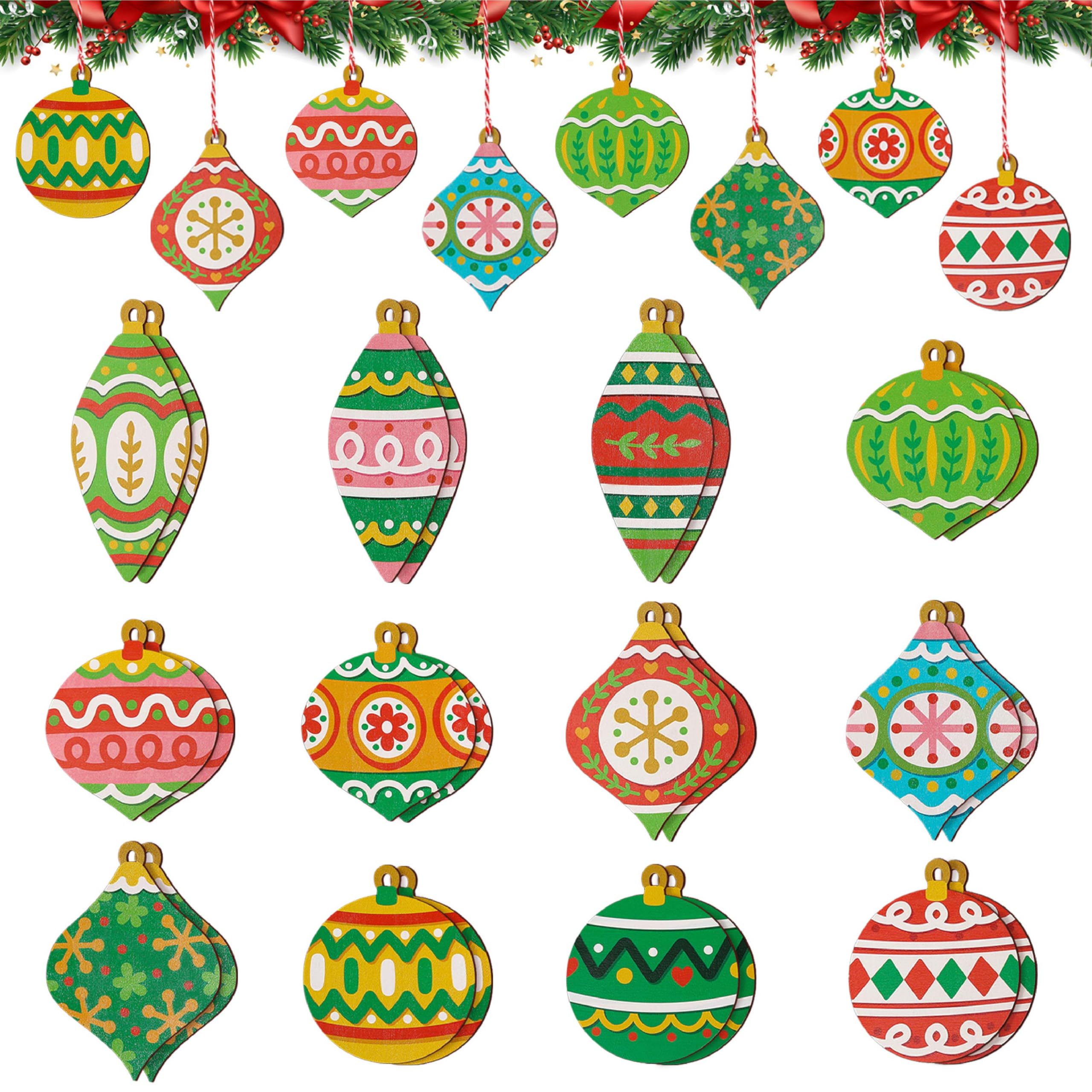 24 PCS Wooden Christmas Ornaments, 12 Styles Printed Christmas Tree Hanging Ornaments with Strings, Holiday Party Favors, Gift T
