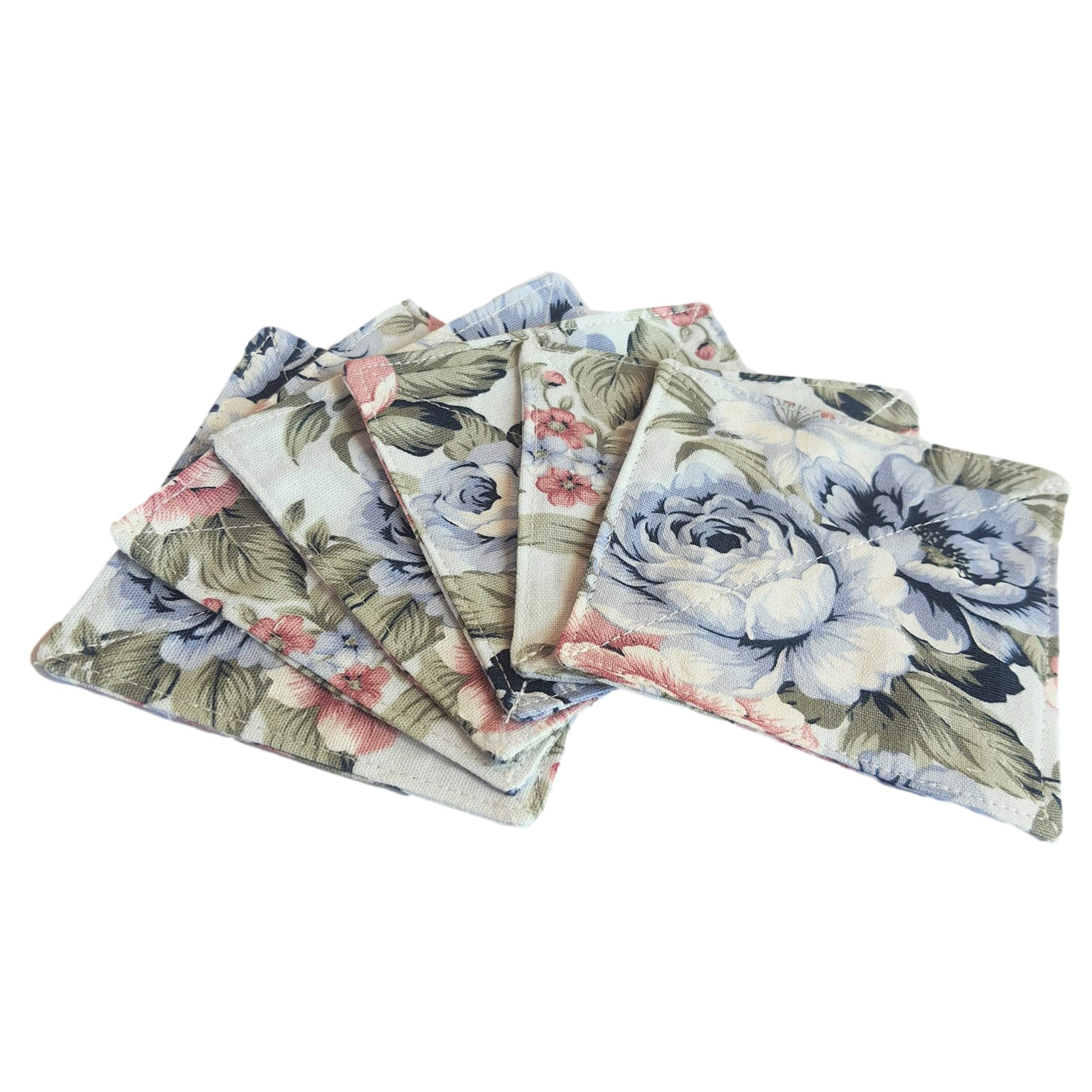 Cushystore Canvas Floral 2 Layers Coasters Saucers Absorbant Mat Pad Floral Botanical Style Fabric Quilted For Glass Cup Drinkin