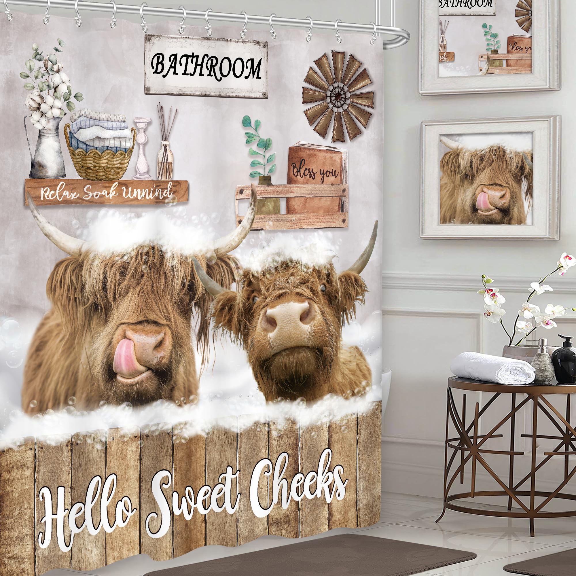 Imirell Highland Cow Shower Curtain 60Wx72H Inches Rustic Farmhouse Bull Funny Animal Wooden Board Country Western Wildlife Plan