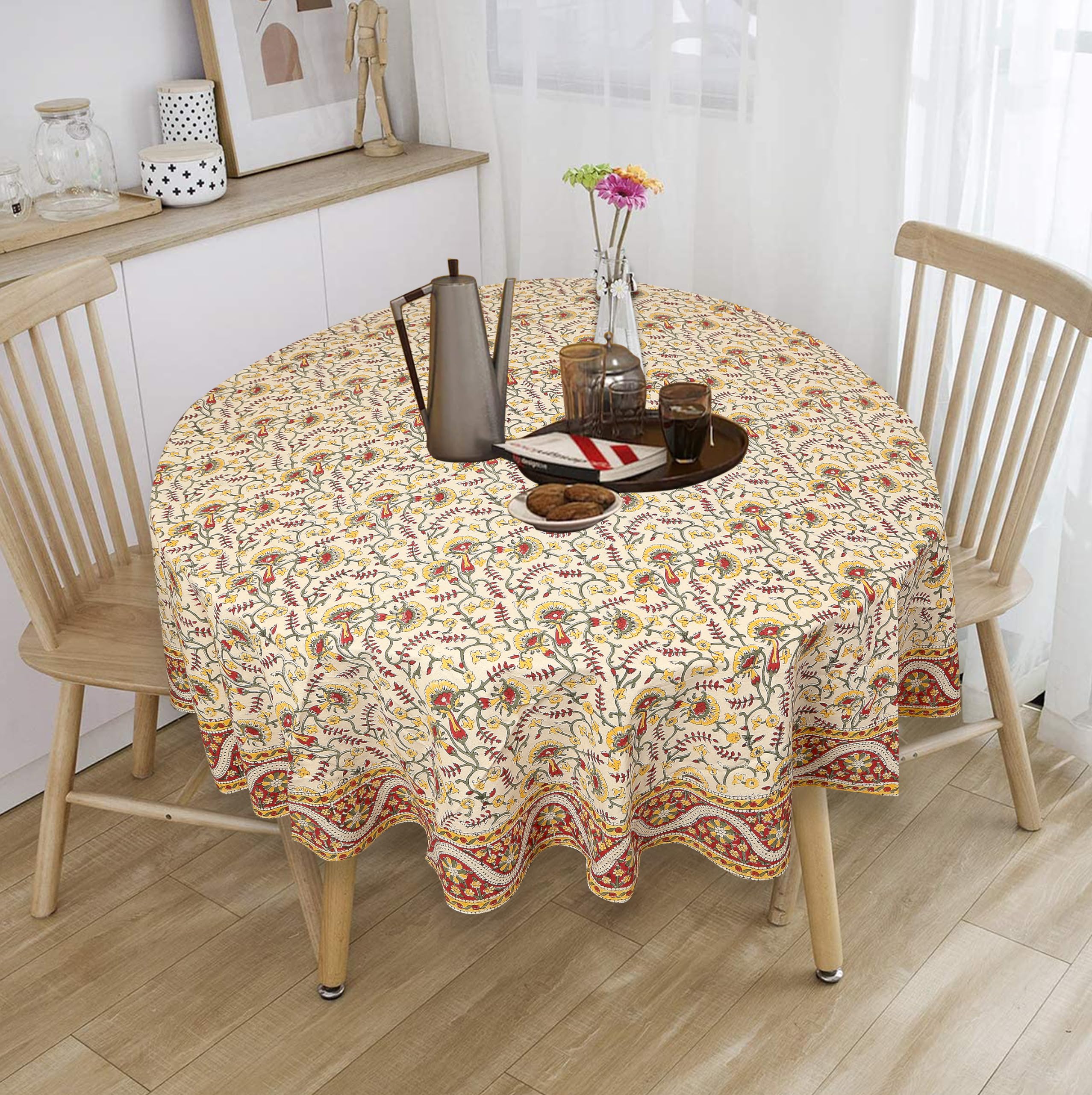 India Arts Hand Block Print Tablecloth Round 72 Inch, 100% Cotton Red Yellow Floral Table Cloth For Kitchen Dining Linen, Weddin