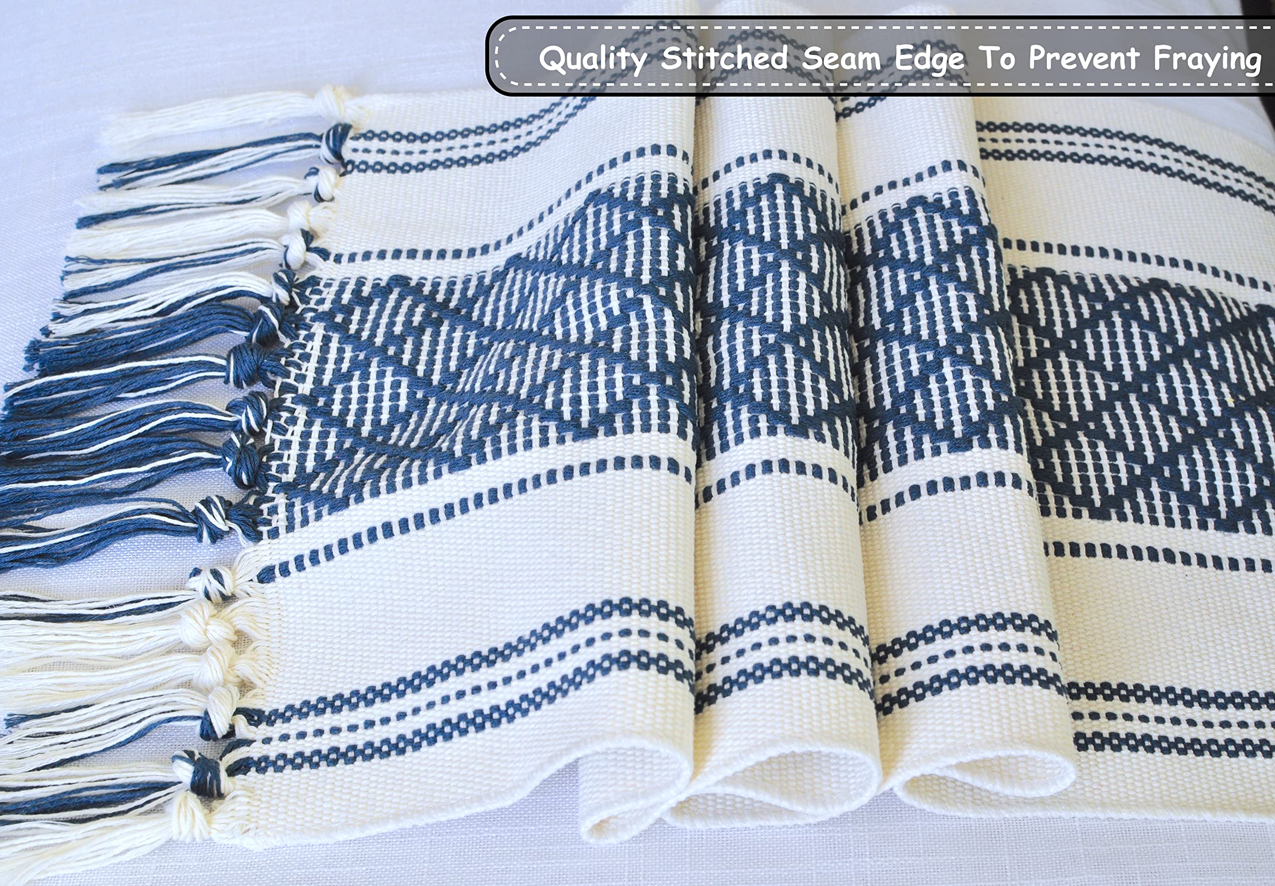 Boho Small Coffee Or Dining Table Runner With Tassels 14 X 48 Inches, Blue & Cream | Woven Washable Dresser Scarf For Bedroom |