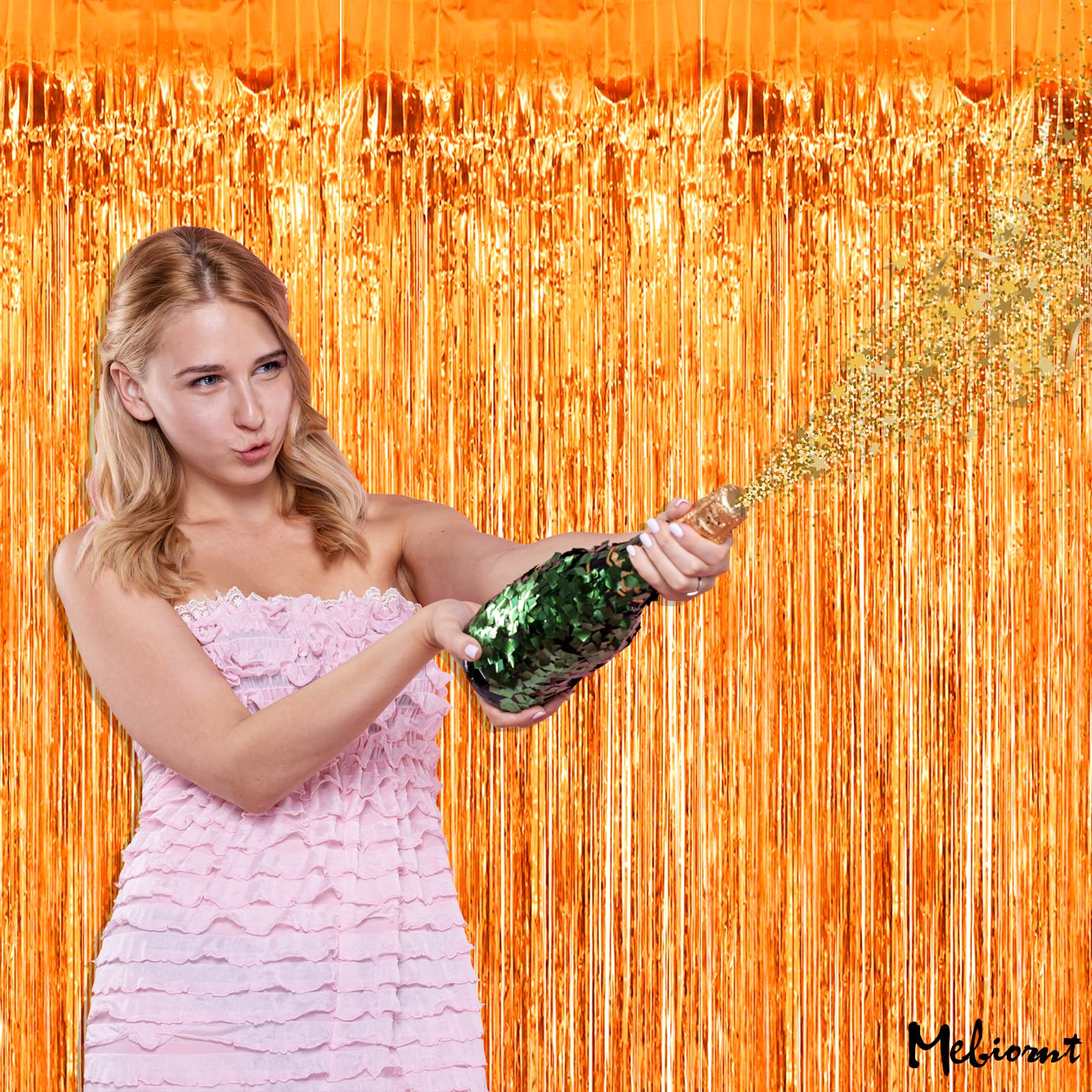 4 Pack Orange Fringe Curtain Backdrop, 3.2Ft X 8.2Ft Metallic Tinsel Foil Fringe Streamers Background For Photo Booth Birthday W