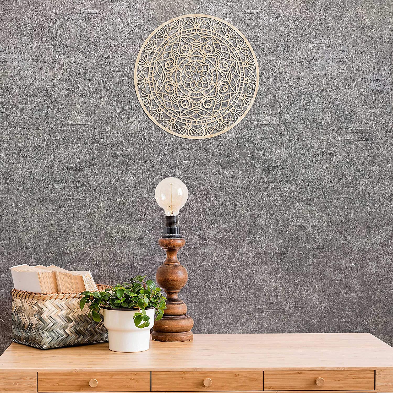 American-Elm Mandala Wooden Wall Art, Floral Oriental Design Petals Leaves, Birch Wood Plywood Rustic Wall Art Accent For Hallwa