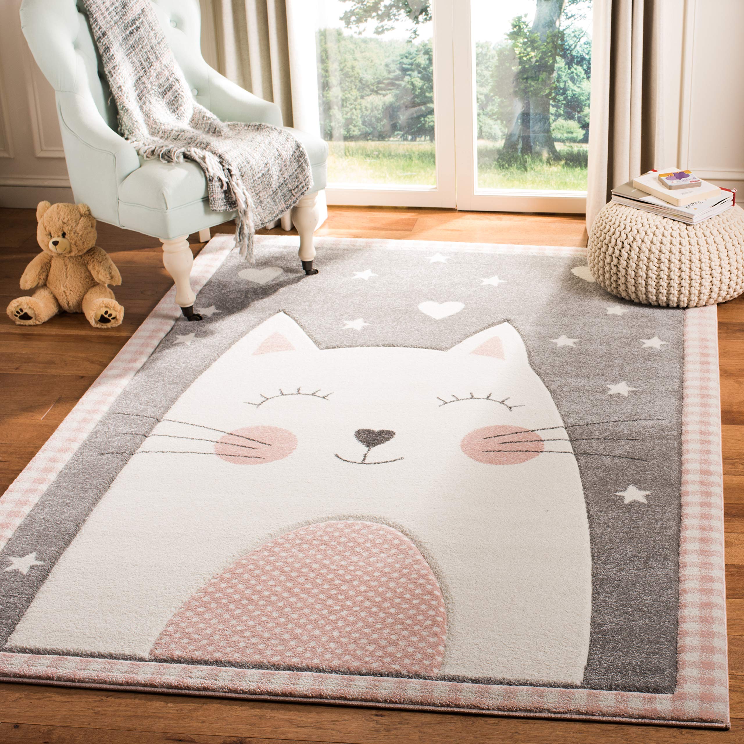SAFAVIEH Carousel Kids Collection Accent Rug - 4 x 6, Pink & Grey, Cat Design, Non-Shedding & Easy Care, Ideal for High Traffi