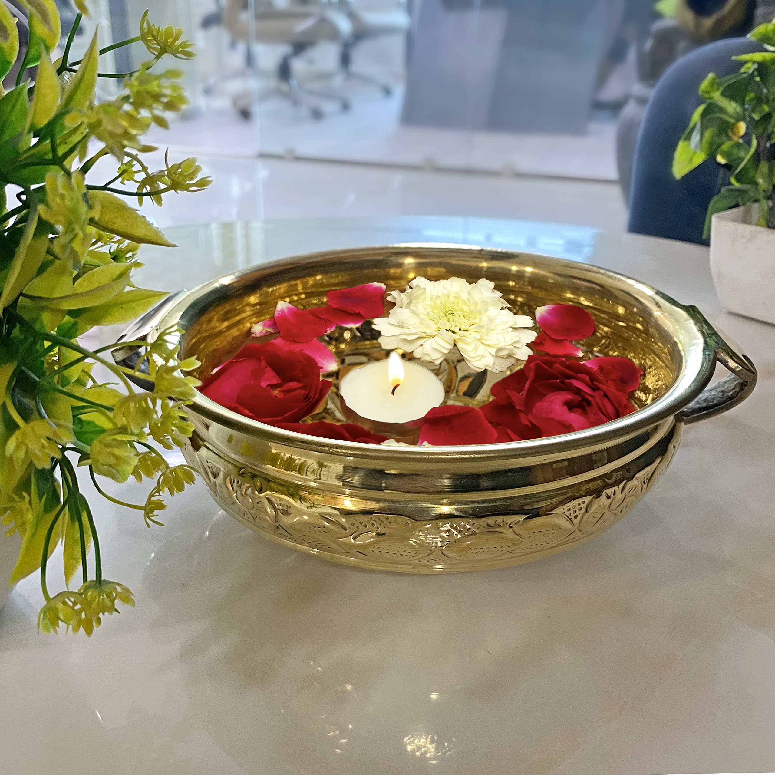 SATVIK Decorative 8 Inch Brass Urli Embossed For Floating Candles and Flowers Designer Bowl For Living Room Decoration