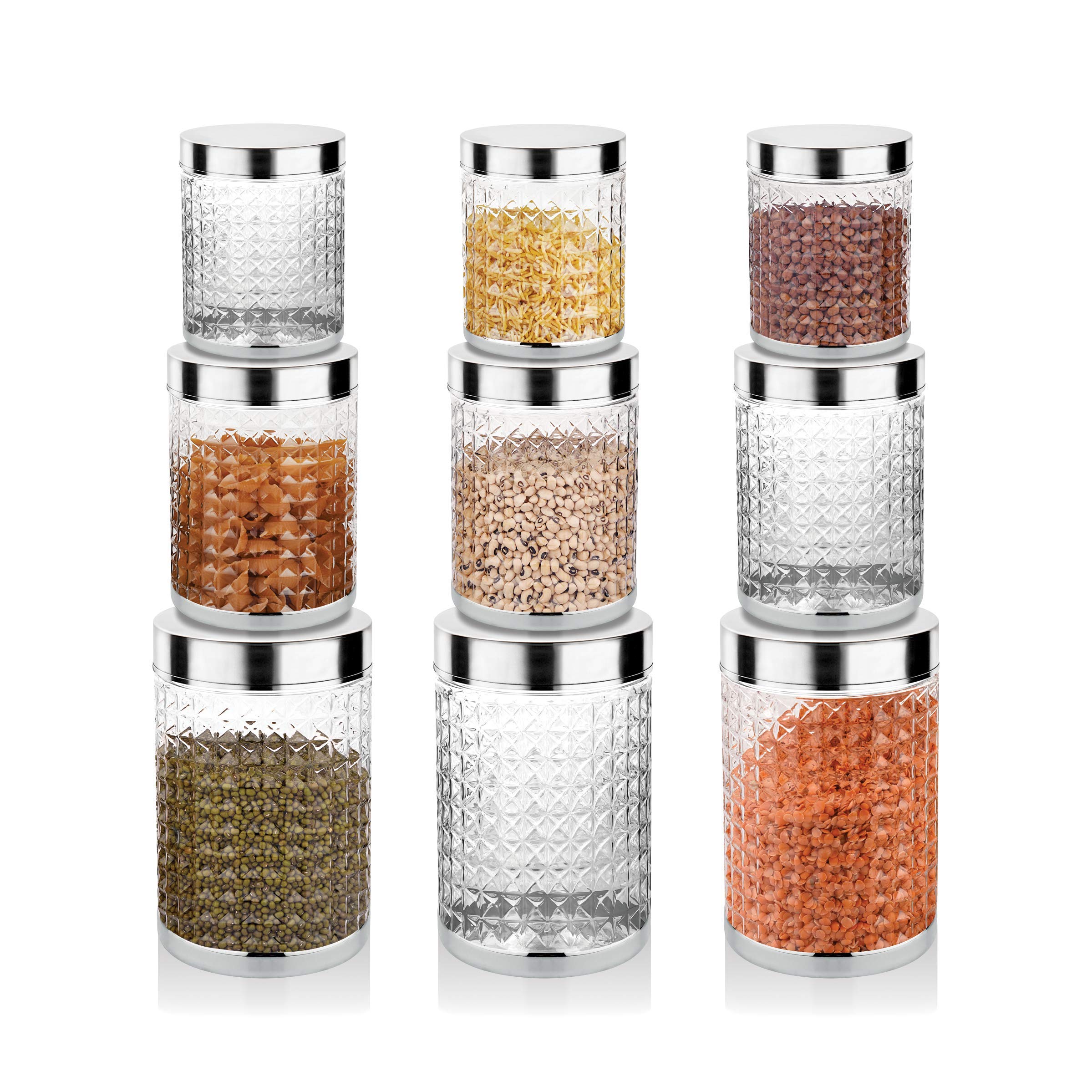 Sky Hector Big Celebration 9 Pcs Storage Pet Container Gift Set For Kitchen (400 Ml X 3,900 Ml X 3,1800 Ml X 3),Silver
