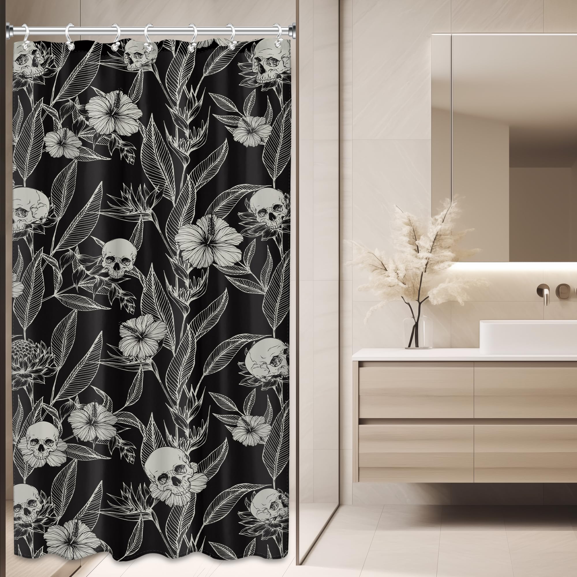 Ambzek Small Stall Gothic Skull Floral Shower Curtain 36Wx72L Inch Men Single Rv Goth Skeleton Spooky Flower Leaves Cool Hallowe