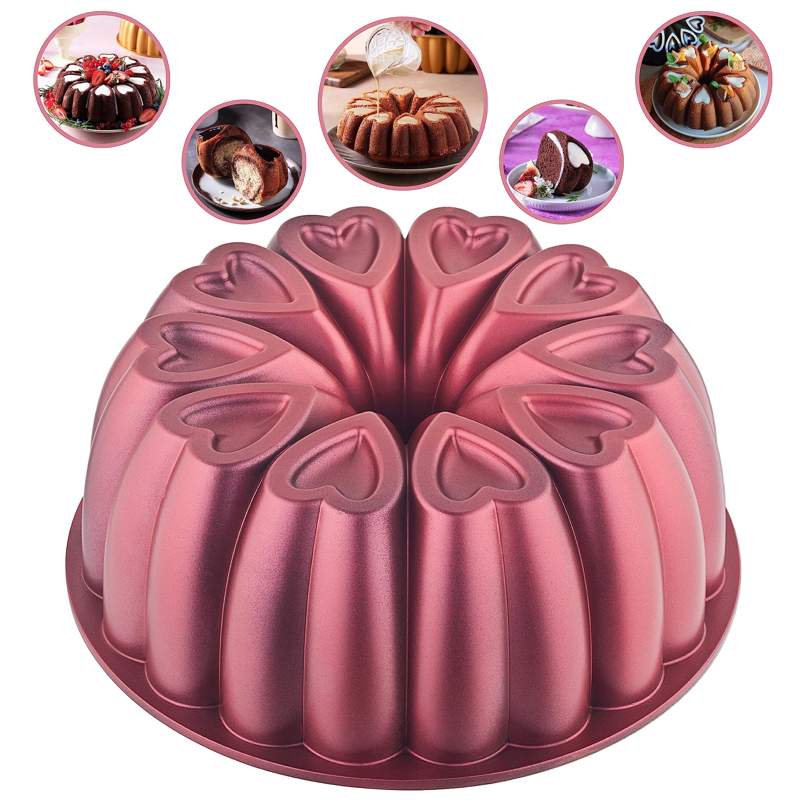 Mienca Heart Shape Aluminum Cake Pan, Titanium Coating, Non-Stick, 12 Cups, Heavy Duty, Mothers Day Bundt Cake Pan, 10 Inch Baki