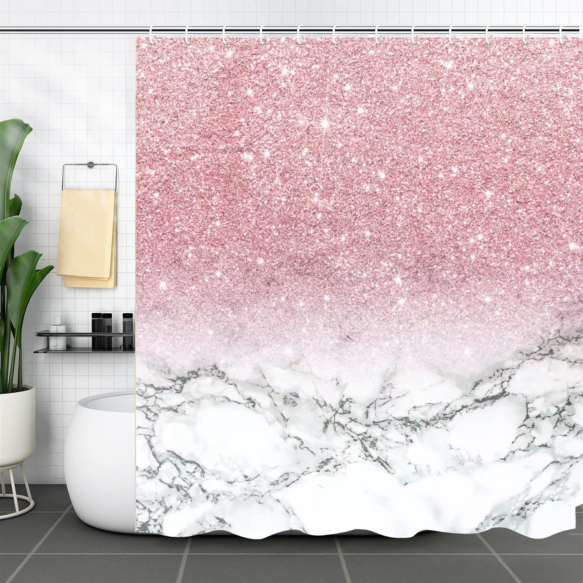 Hedybard 4 Pcs Pink Bathroom Shower Curtain Set With Waterproof Shower Curtain, Non-Slip Soft Flannel Rugs, Toilet Lid Cover, Ba