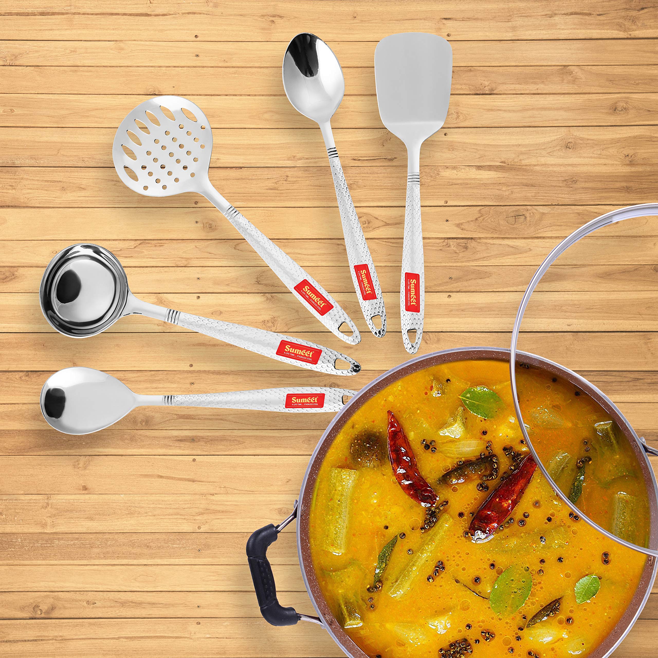Sumeet Stainless Steel Big Serving And Cooking Spoon Set Of 5Pc (1 Turner, 1 Serving Spoon, 1 Skimmer, 1 Basting Spoon, 1 Ladle)