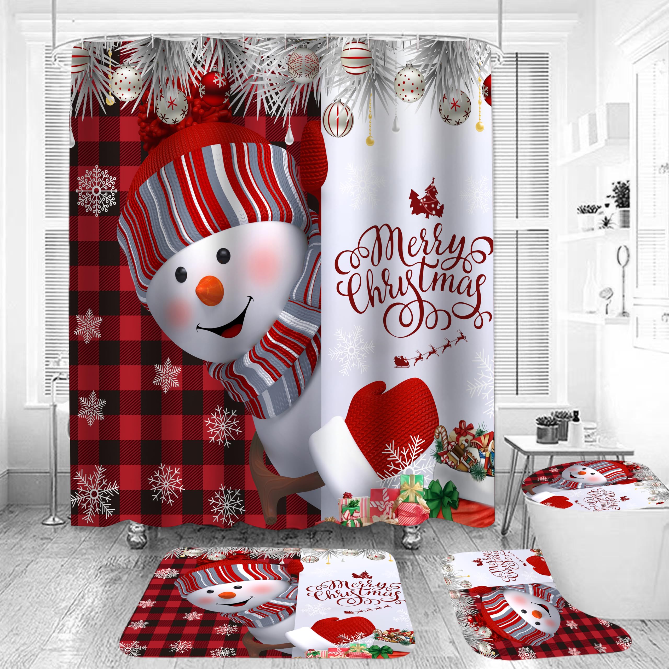 Ayulo 4Pc Red Christmas Snowman Shower Curtain Sets, Winter Snowflake Bathroom Set, Toilet Lid Cover And Bath Mat For Bathroom S