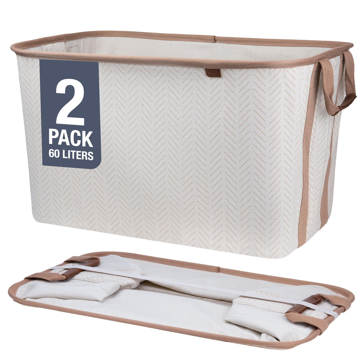 Clevermade Collapsible Laundry Baskets, Luxe Cream Herringbone 2Pk - 60L (16 Gal) Foldable Laundry Basket With Sturdy Pop-Up Wir