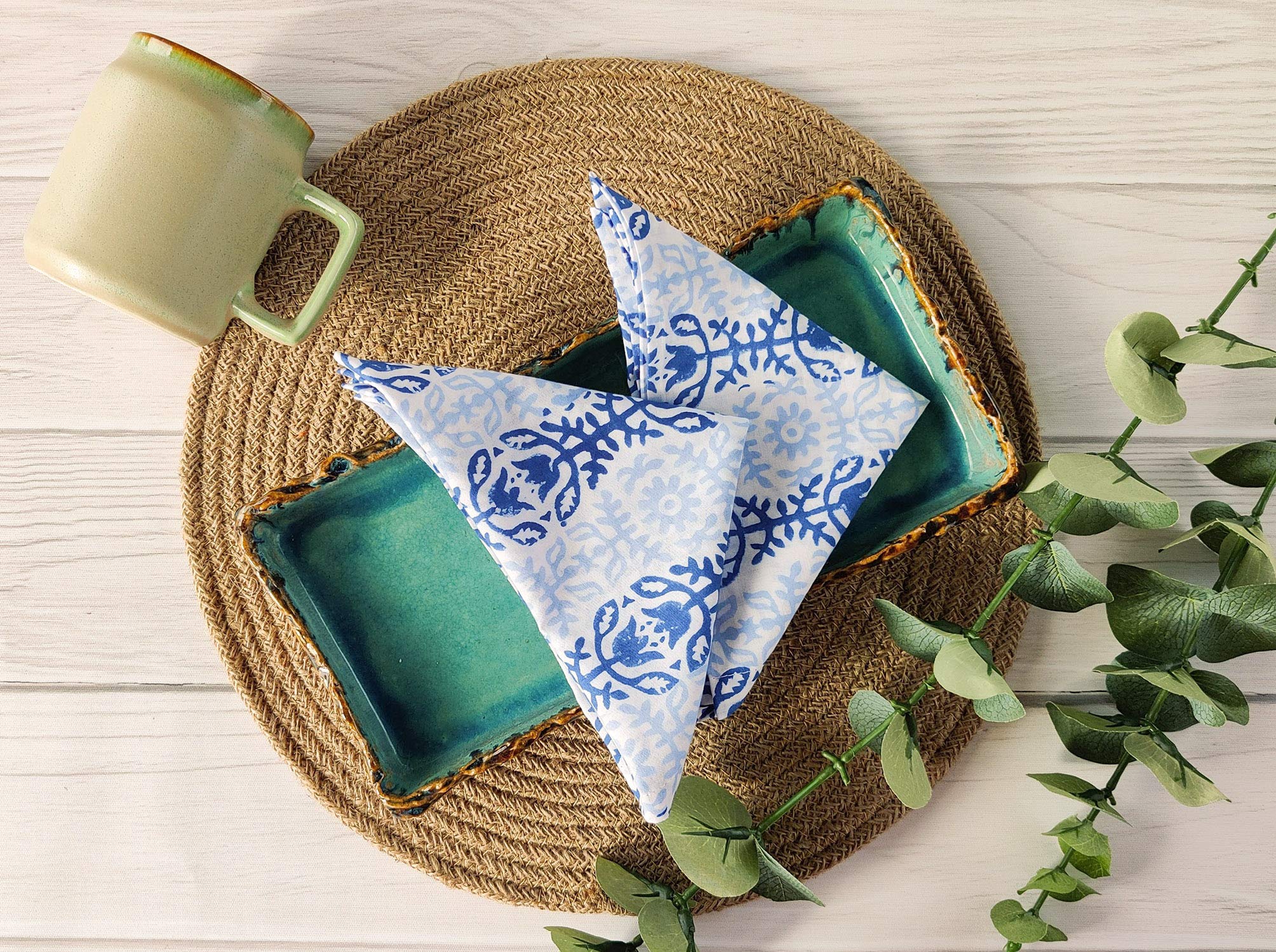 Cotton Dinner Napkins 18X18 Inches - Washable Cloth Napkins Set Of 6 - Everyday Use Or Dinner Party And Events - White Blue Ligh