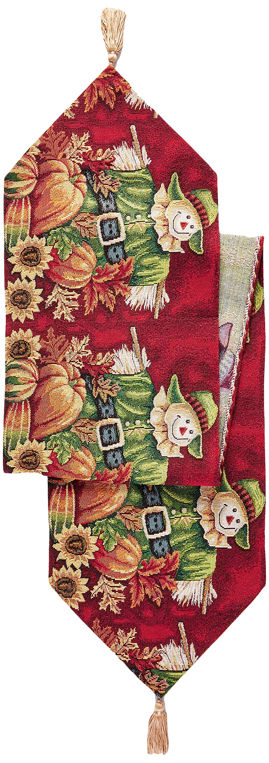 Violet Linen Fall Harvest Collection - Tapestry Scarecrow Pumpkins Autumn Leaves And Sunflowers Design - 13'' X 70'' Table Runne