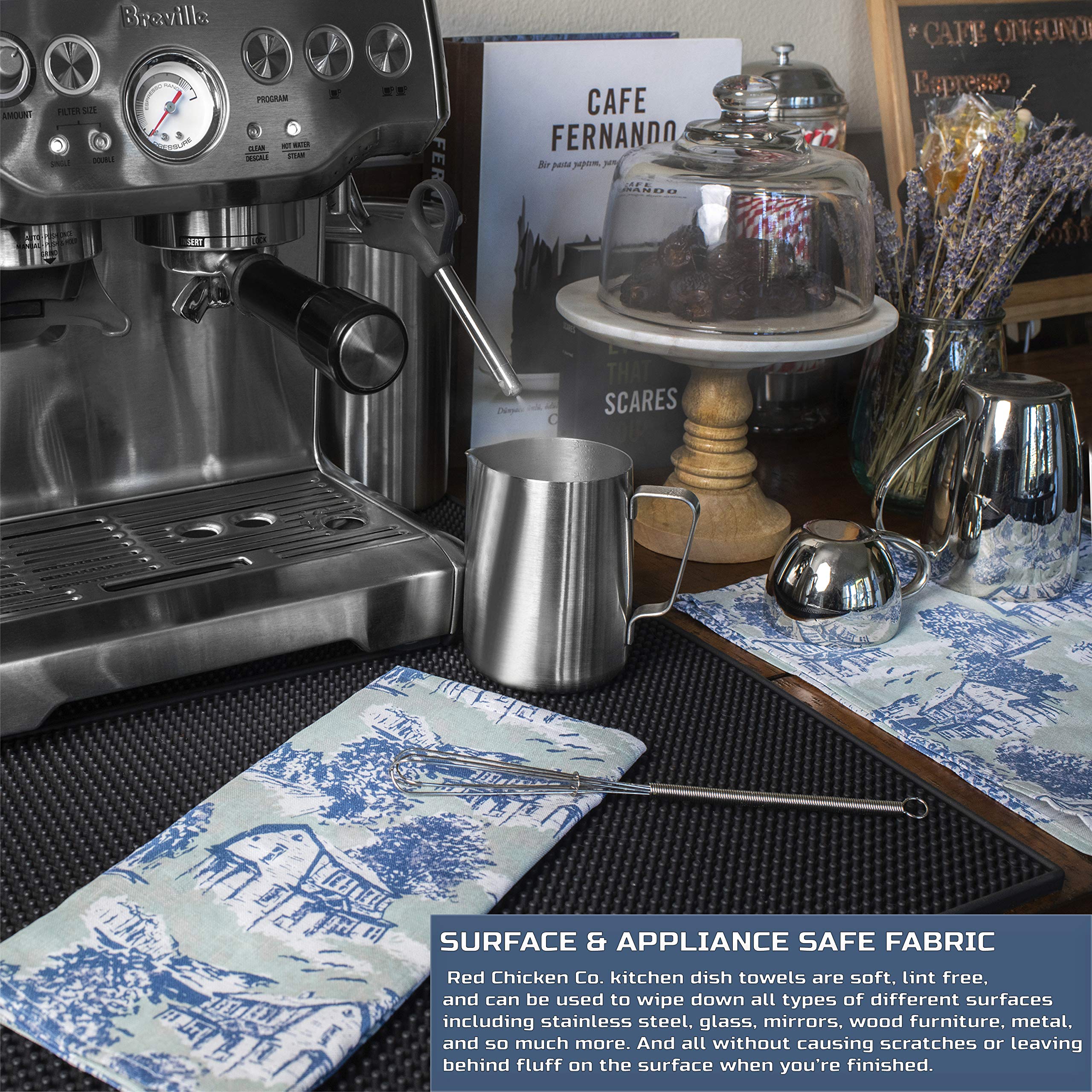 Kitchenvia Red Chicken Co. Linen Tea Towel Set - Rustic Farmhouse Pattern, Soft And Durable For Kitchen Cleaning And Dining