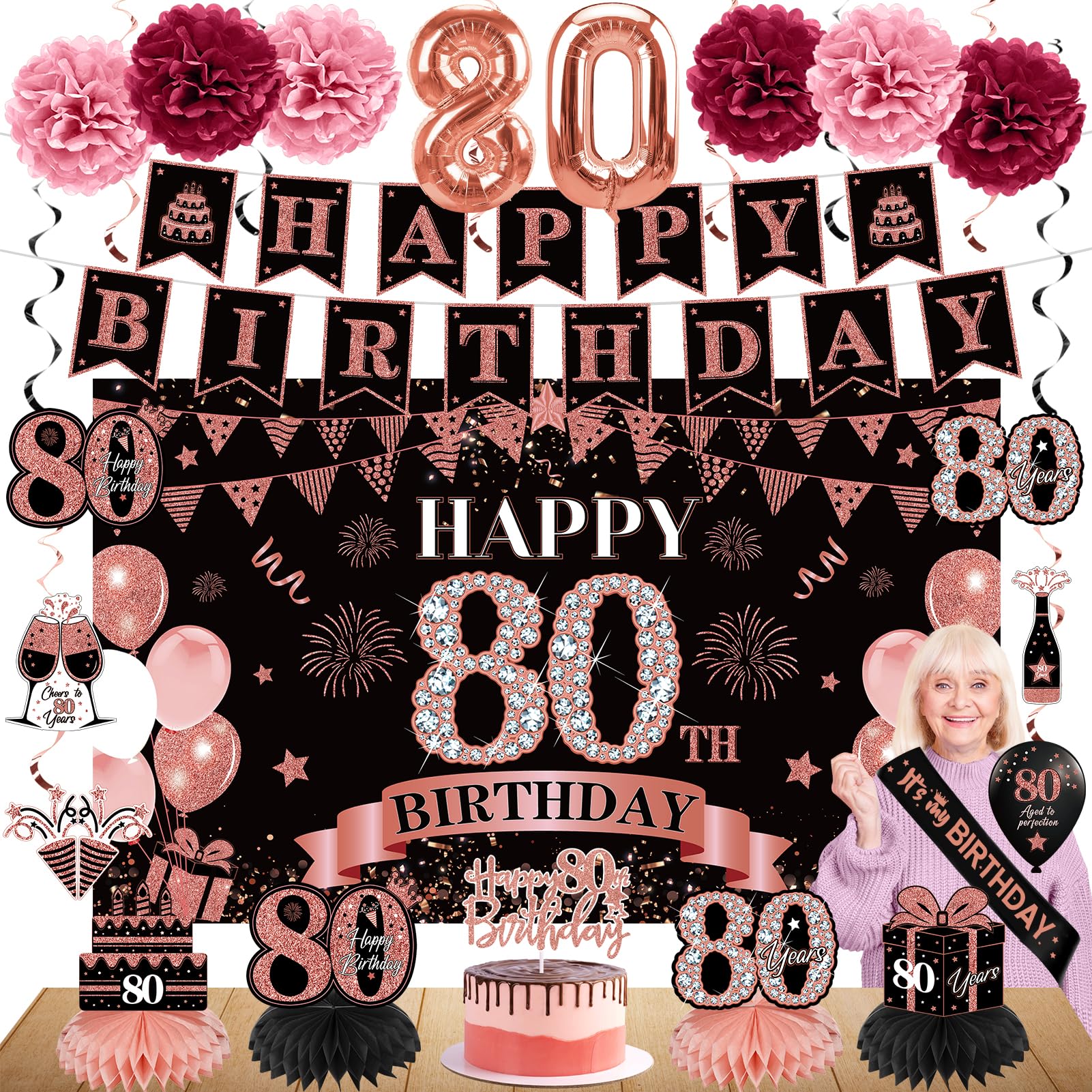 42Pcs 80Th Birthday Decoration Kit For Women, Rose Gold Happy 80Th Bday Banner Balloons Honeycomb Centerpiece Swirl Paper Pompom