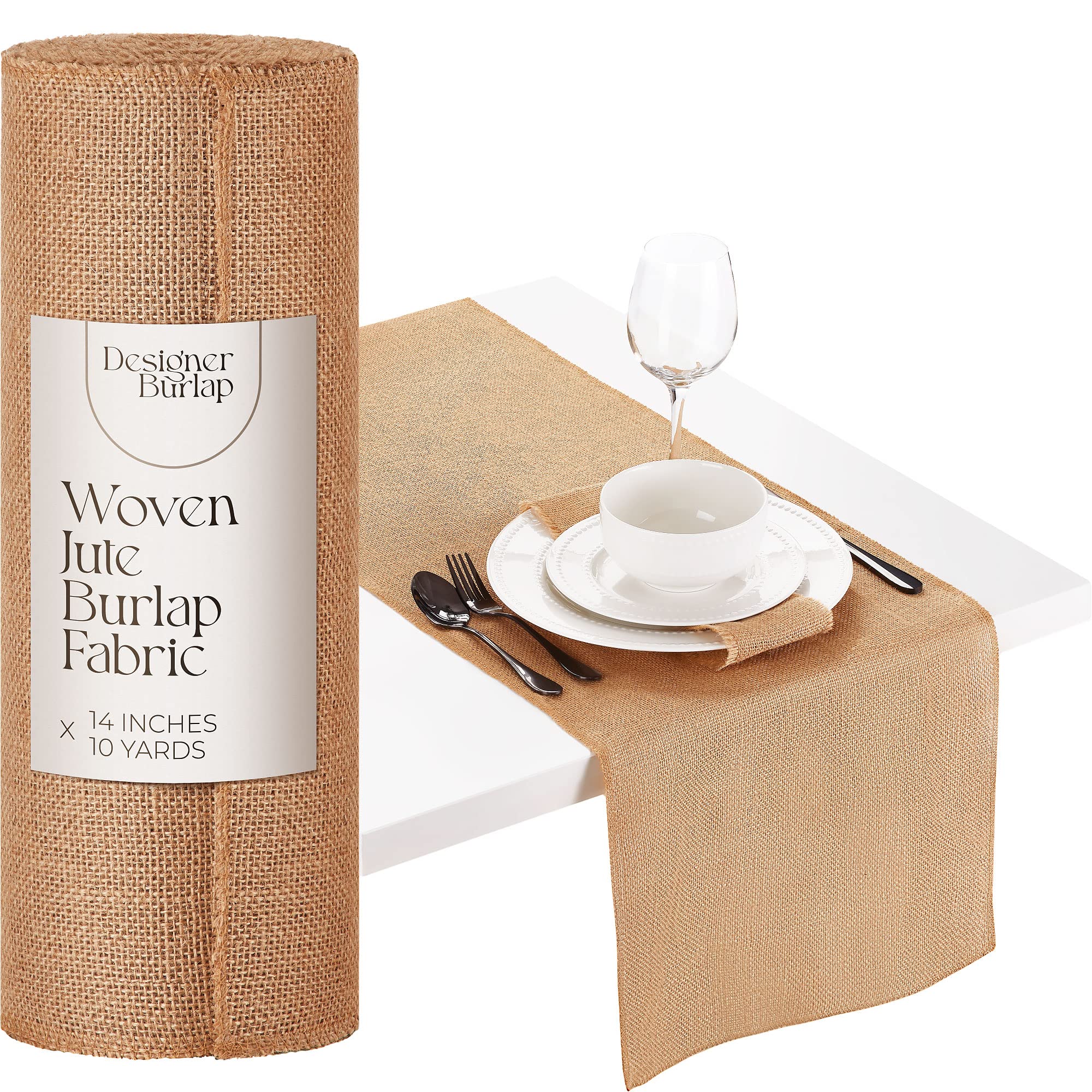 Designer Burlap Burlap Table Runner ~ 14 Wide x 10 Yards Long ~ Rustic, Solid Beige, NoFray, Overlocked & Sewn Edges