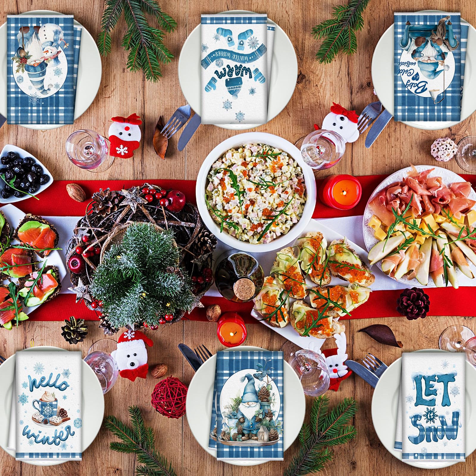 Hosuly 6 Pcs Winter Kitchen Towels Hello Winter Blue Plaid Hand Towels Snowflakes Gnome Let Snow Dish Clothes Warm Farmhouse Dec