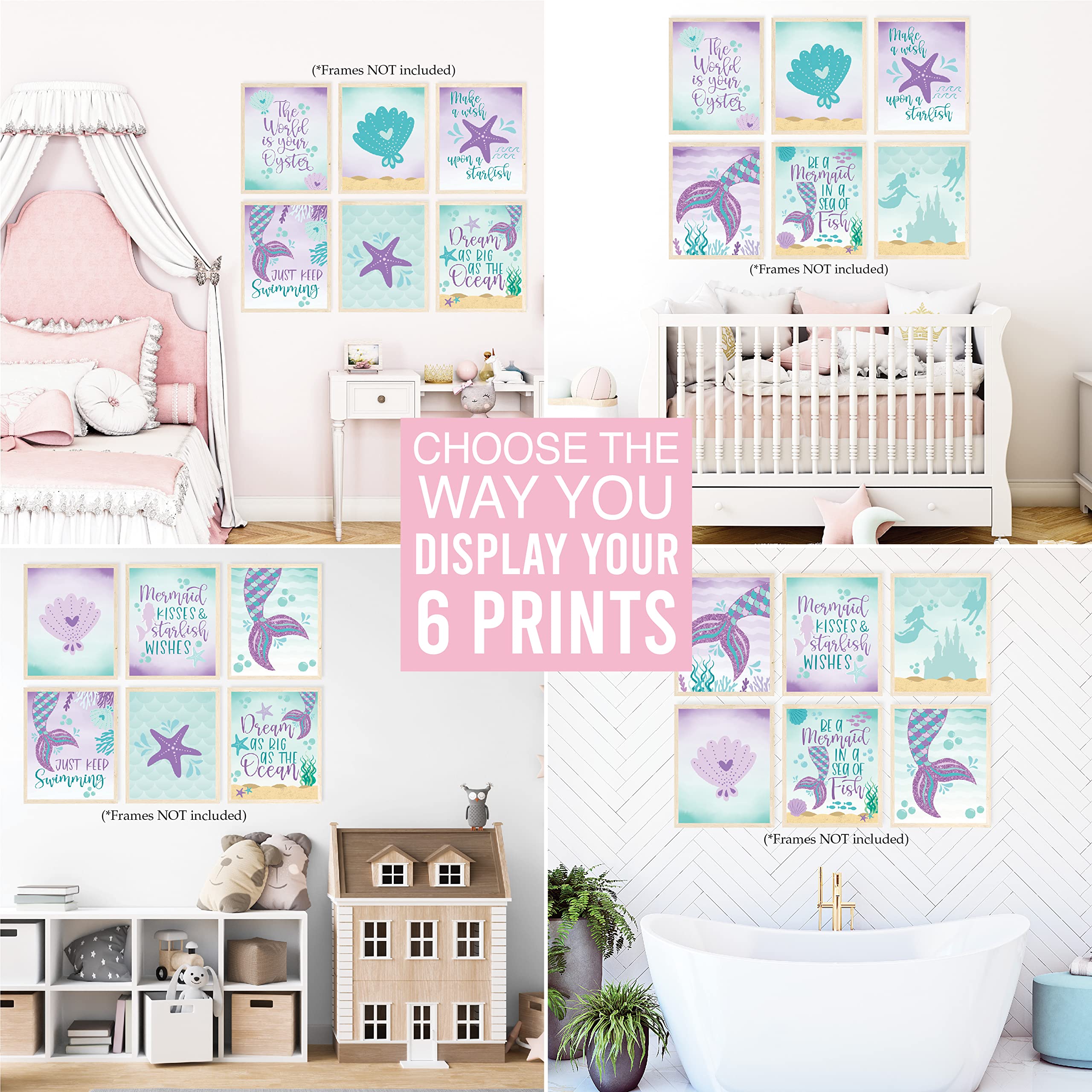 Hadley Designs 6 Reversible 8X10 Mermaid Decor Prints, Mermaid Room Decor For Girls Bedroom, Under The Sea Decorations For Girls