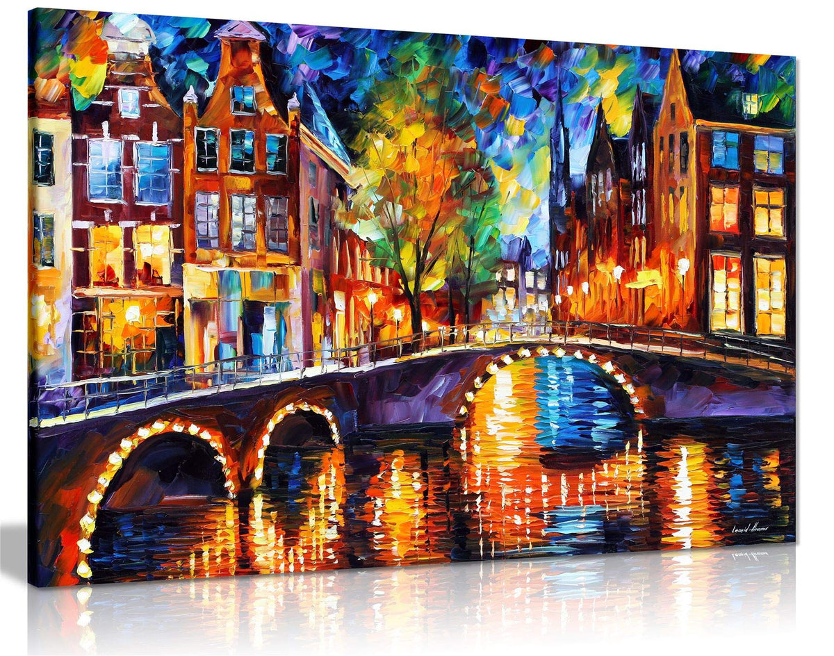 The Bridges Of Amsterdam By Leonid Afremov Canvas Wall Art Picture Print For Home Decor (12X8)