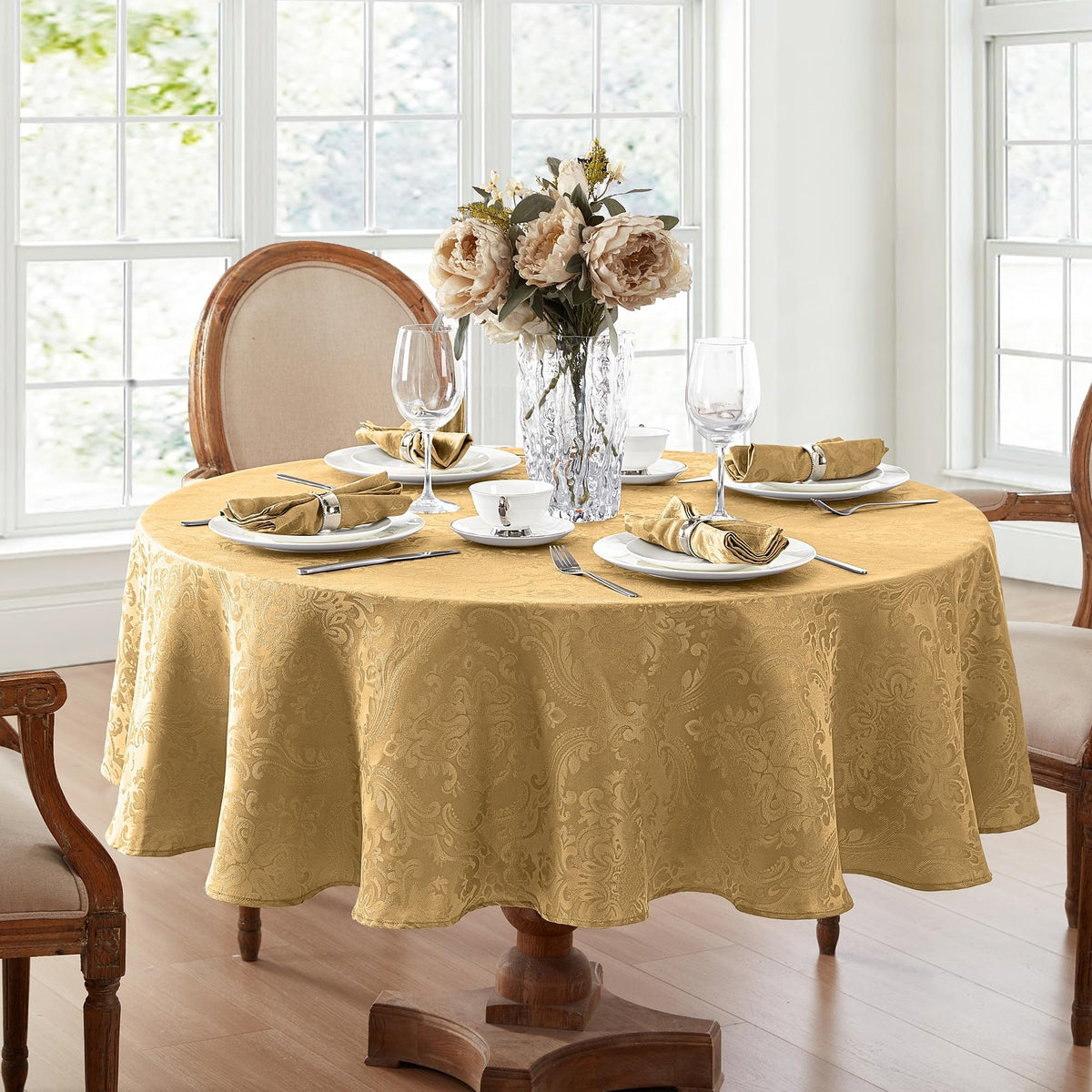 Elrene Home Fashions Caiden Elegance Damask Fabric Tablecloth, 60'' X 84'' Oval, Gold