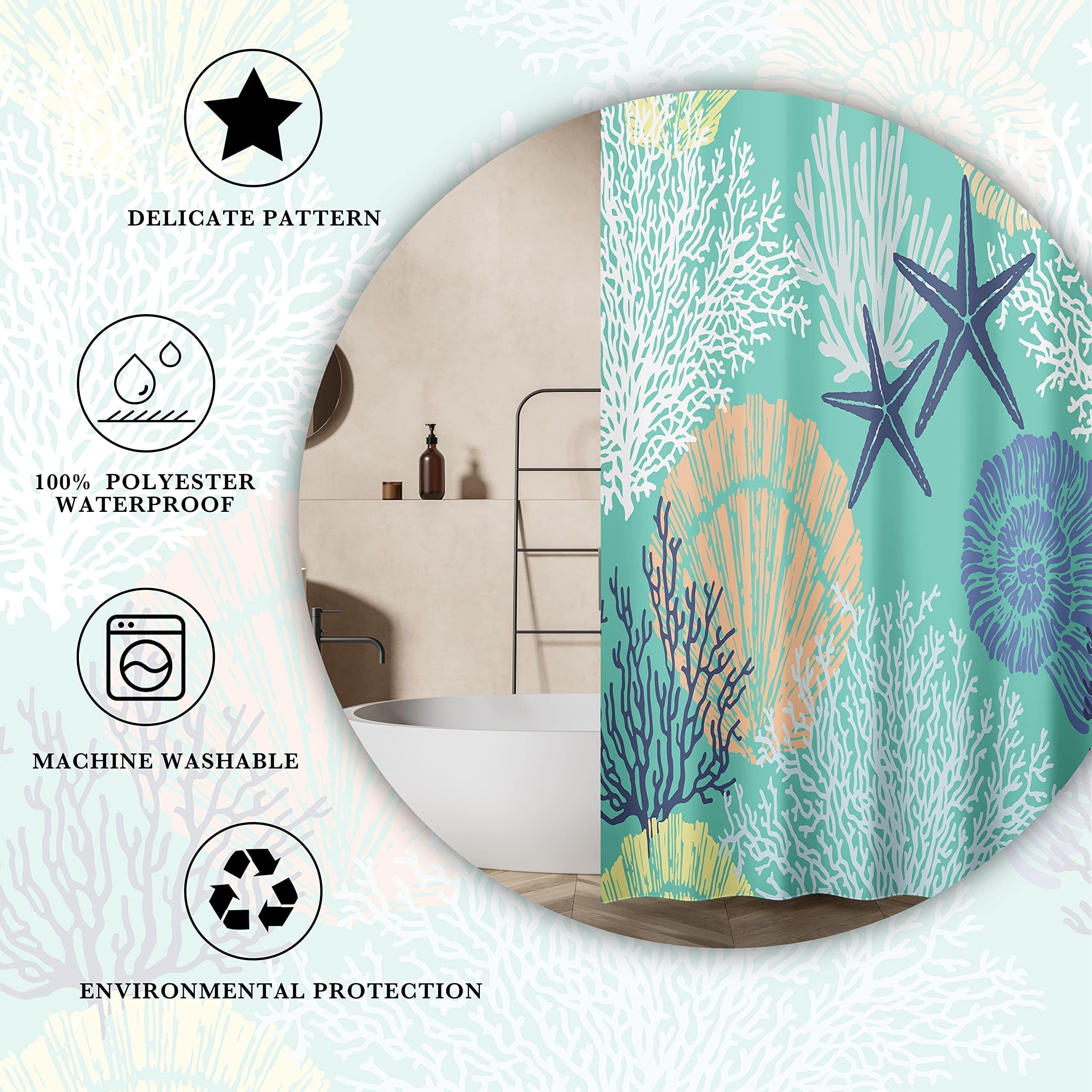 Tritard Extra Long Nautical Coastal Shower Curtain Starfish Seashell Coral Beach Themed Bath Curtain Waterproof Fabric Ocean Sho
