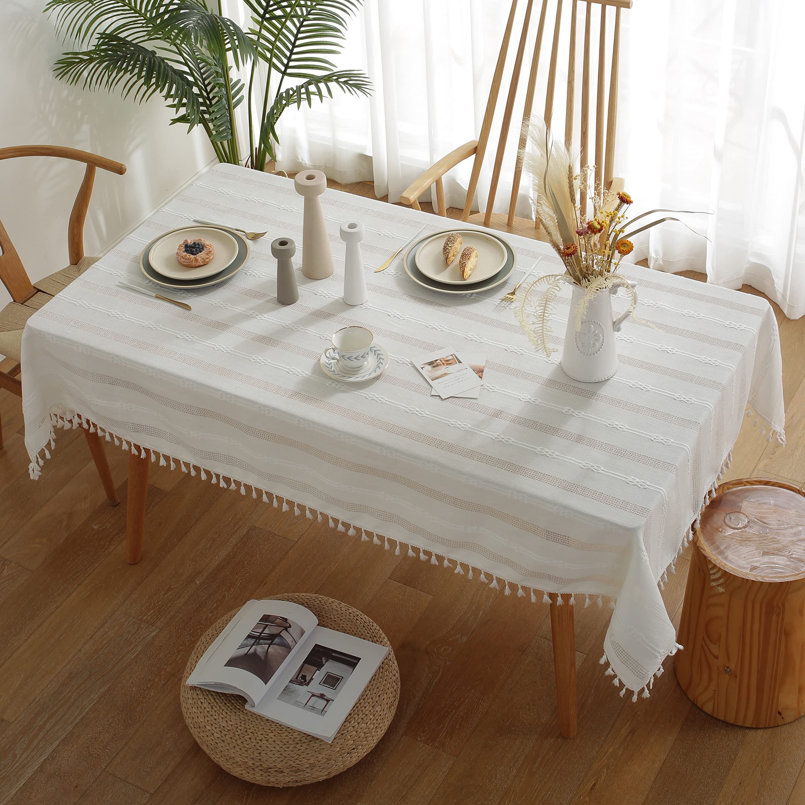 Gernaice Rustic Stripe Embroidered Tablecloth Heavy Square Tassel Cotton Linen Table Cloth Wrinkle Free Washable Table Cover for Kitchen Dinning Party Holiday White 55x55 Inch