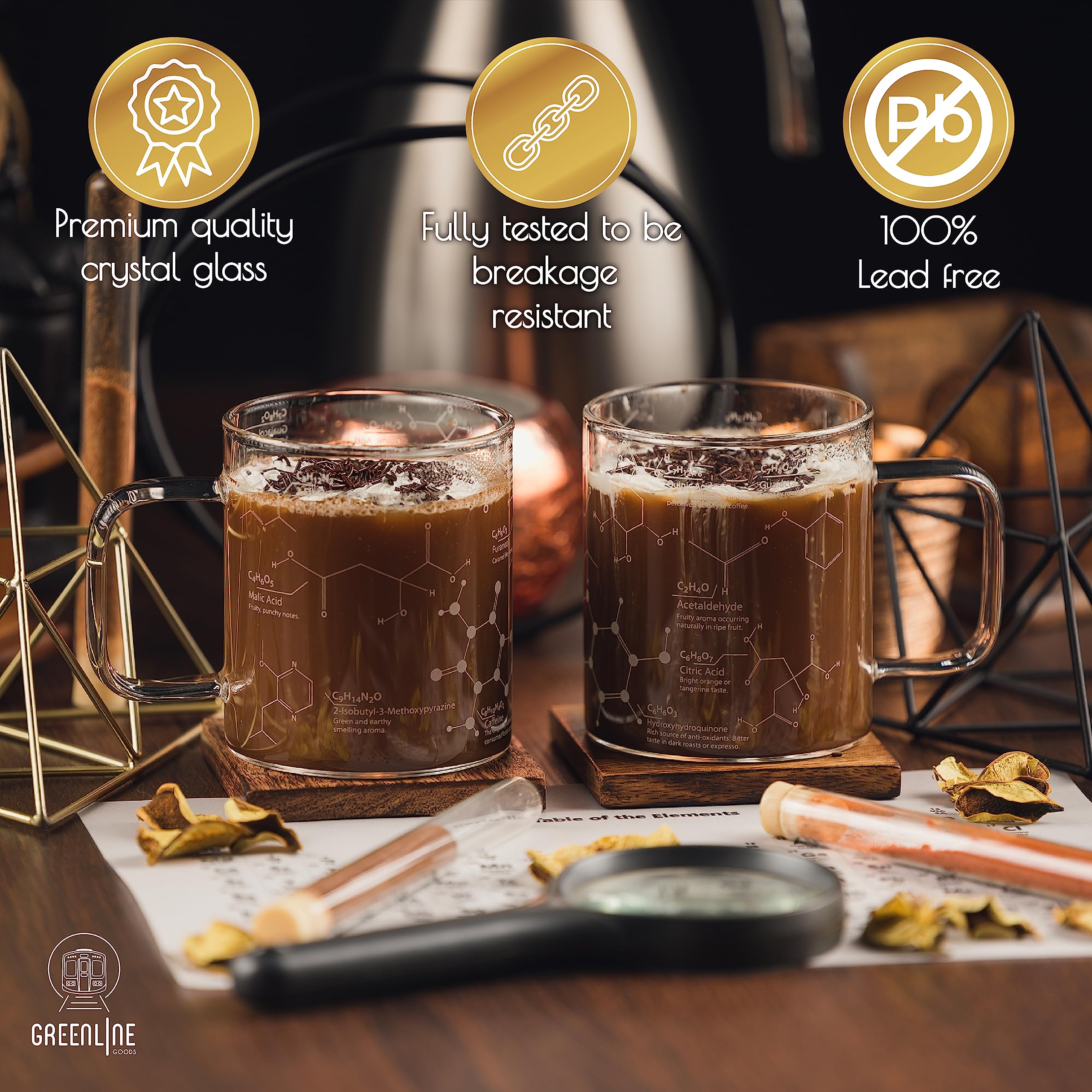 Greenline Goods Glass Coffee Mug - 16 Oz Tumbler Science Of Coffee Glass (Set Of 2) - Etched With Coffee Chemistry Molecules