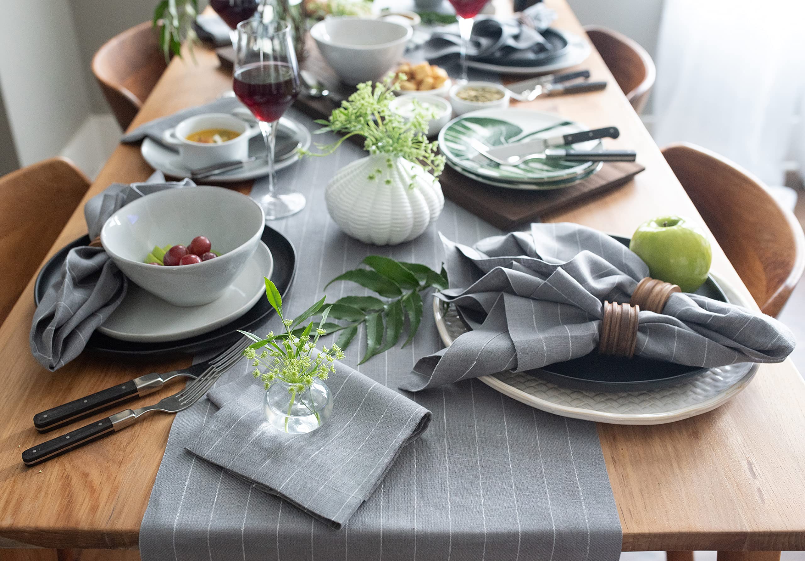 Solino Home Pinstripe Linen Grey And White Table Runner 60 Inch - 100% Pure Linen Short Table Runner 14 X 60 Inch Ideal For Dres