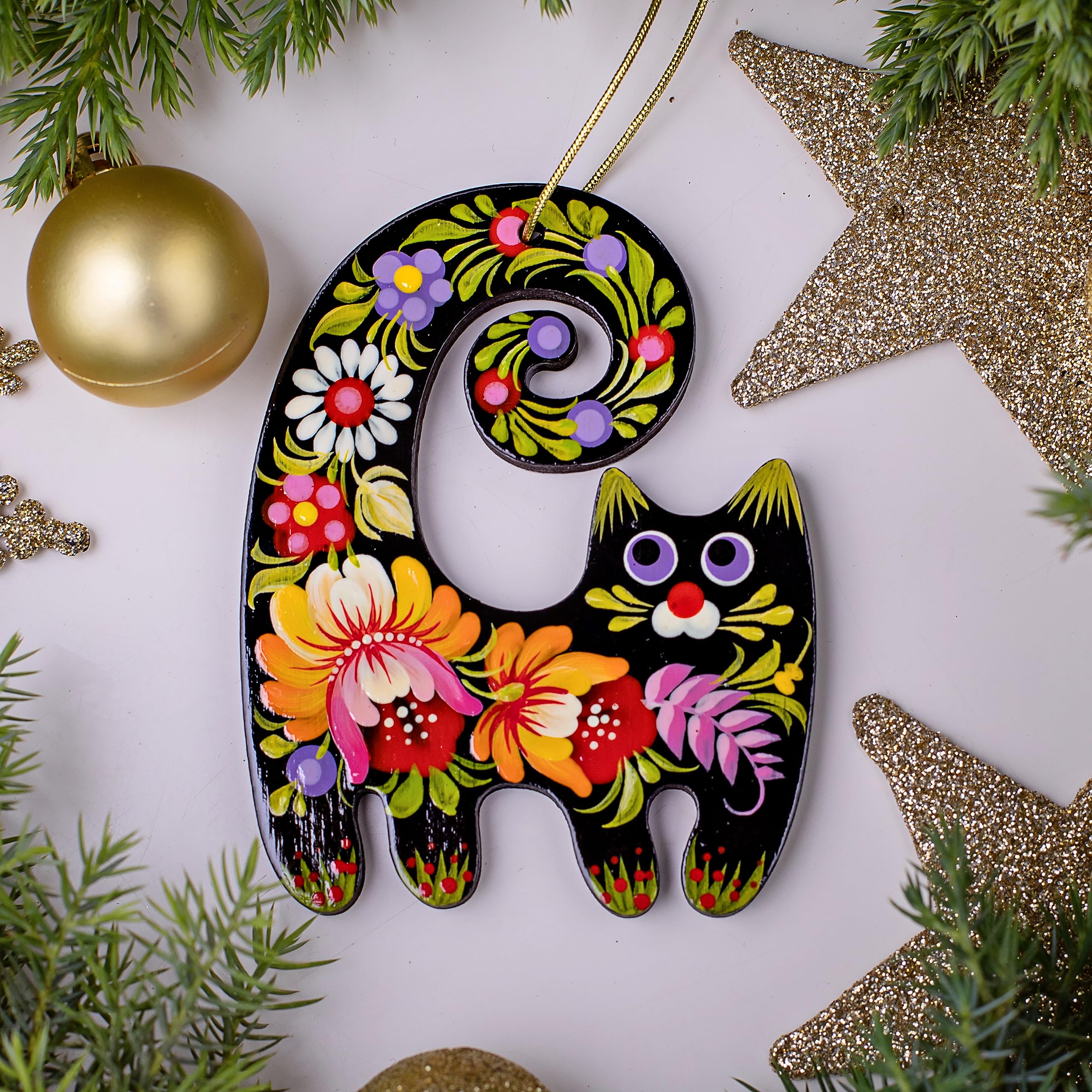 Black Cat Christmas Ornament Wooden Flat 3,3 ? 2,8 ? 0,2 Inch | 7 ? 8,5 ? 0,5 cm Floral Hand-painted on both Sides Cat lovers tr