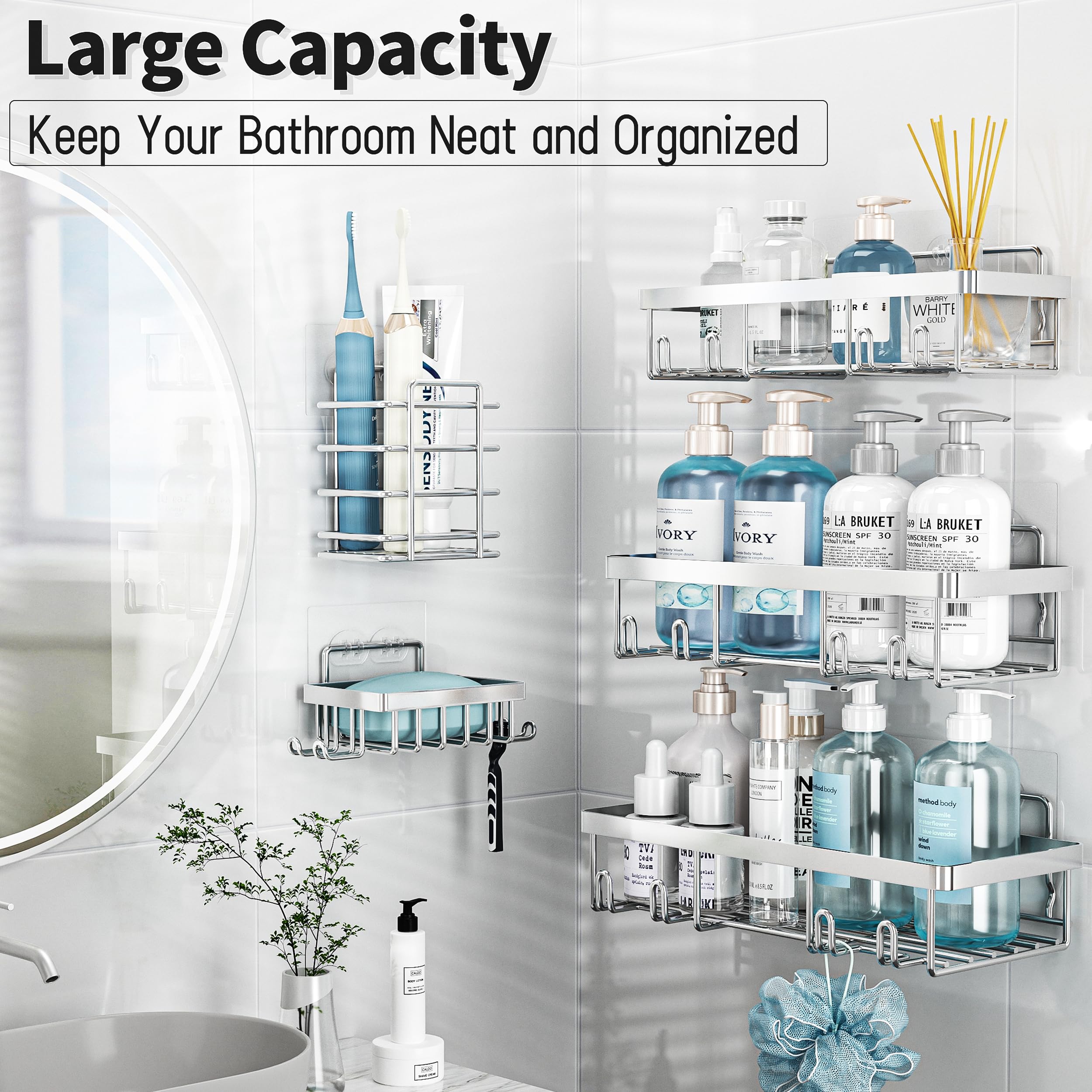 Liuoud Shower Caddy, 5 Pack Shower Organizer Rack For Inside Shower, Large Capacity, Durable Stainless Bathroom Shower Shelf, Si