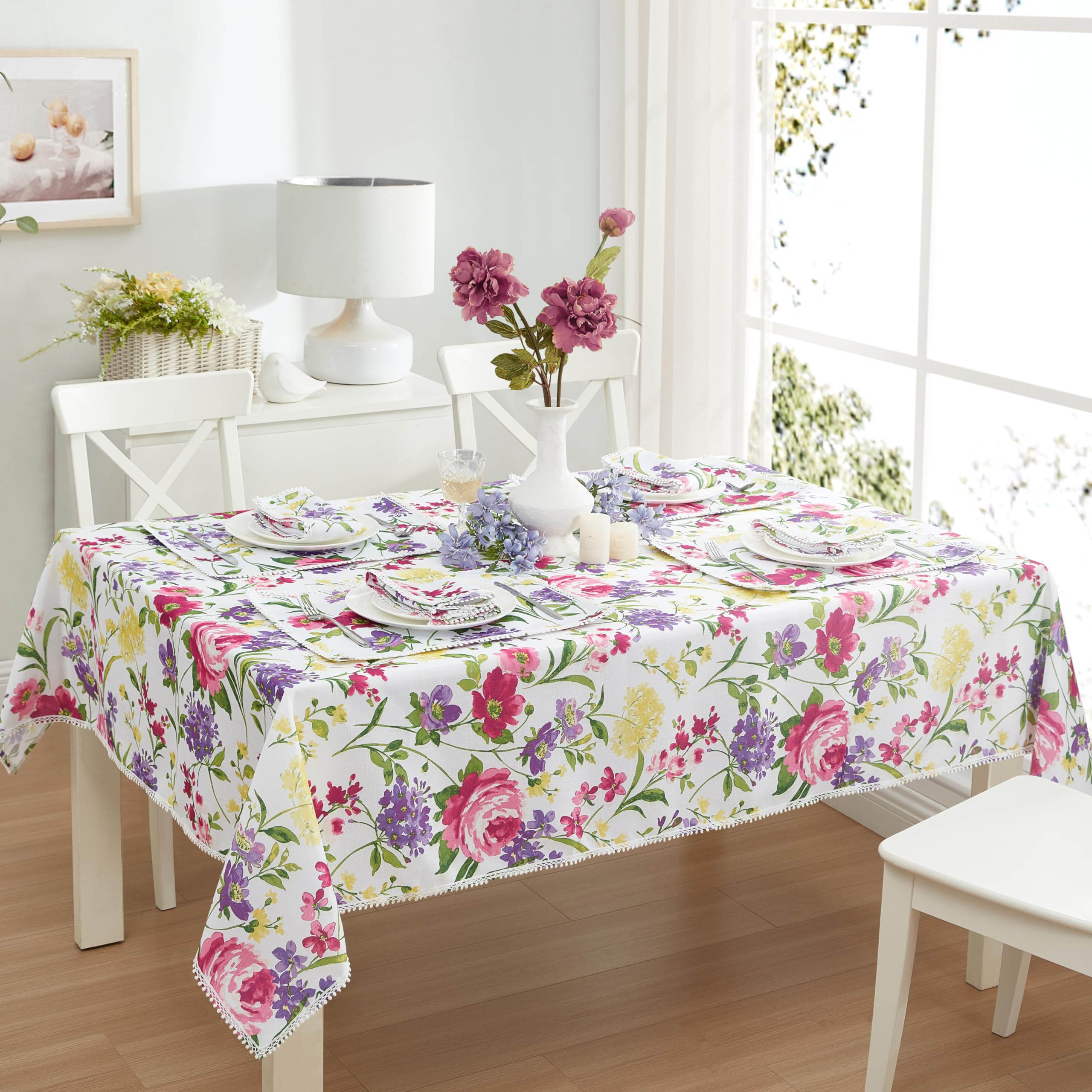 Newbridge Square Fabric Tablecloth, 52 X 52 Inch, Summer Sophia Pom Pom Fringe, Wrinkle And Stain Resistant Pink And Purple Flor