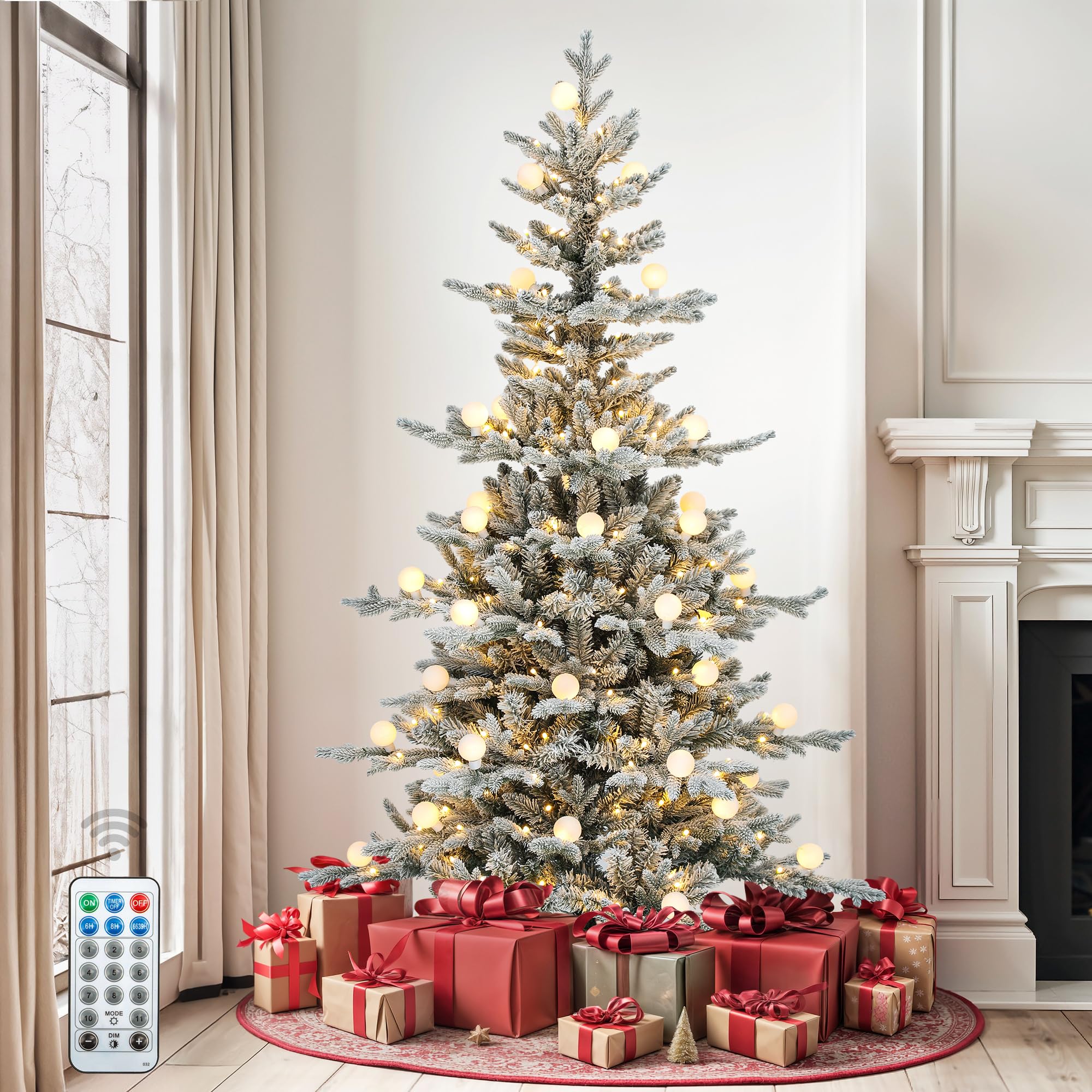 DWVO 6ft Prelit Flocked Christmas Tree with Bulbs and Lights, Full Arctic Fir Artificial Xmas Tree with 1336 Metal Hinged PE & P