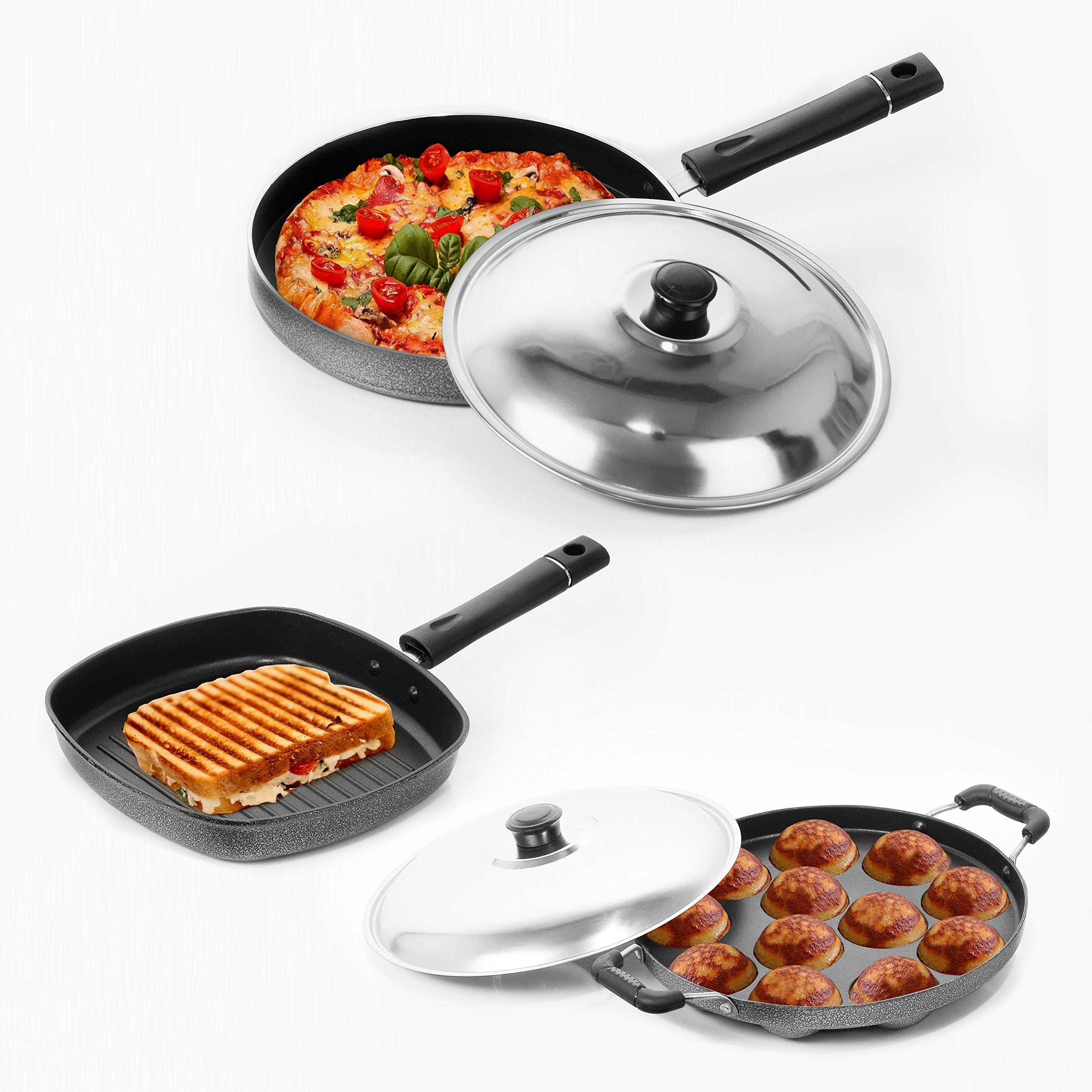 Sumeet Nonstick Joyous Combo Set (Grill Pan  22 Cm + Grill Appam Patra 12 Pcs + Pizza Pan)