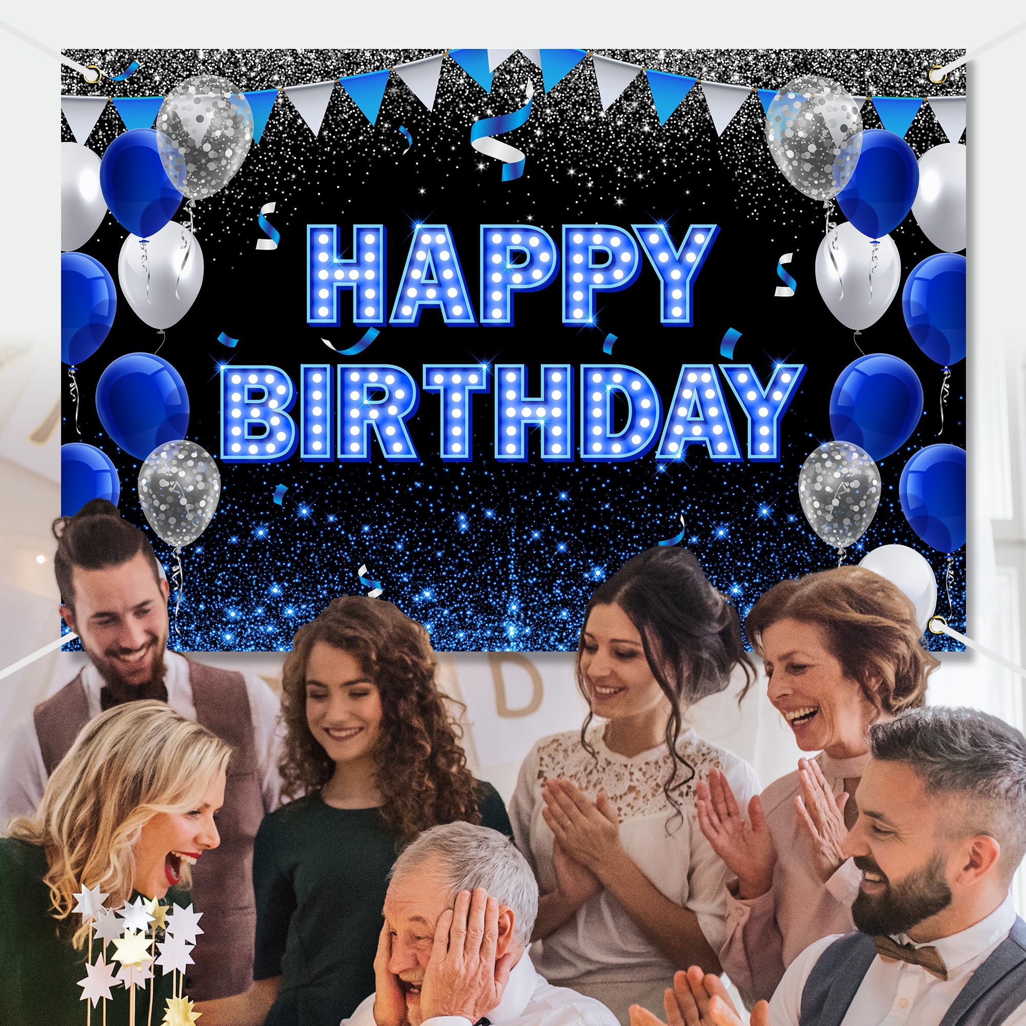 Happy Birthday Backdrop Banner Blue Black Theme Background With Neon Light Shiny Fashion Birthday Party Photo Photography Prop B