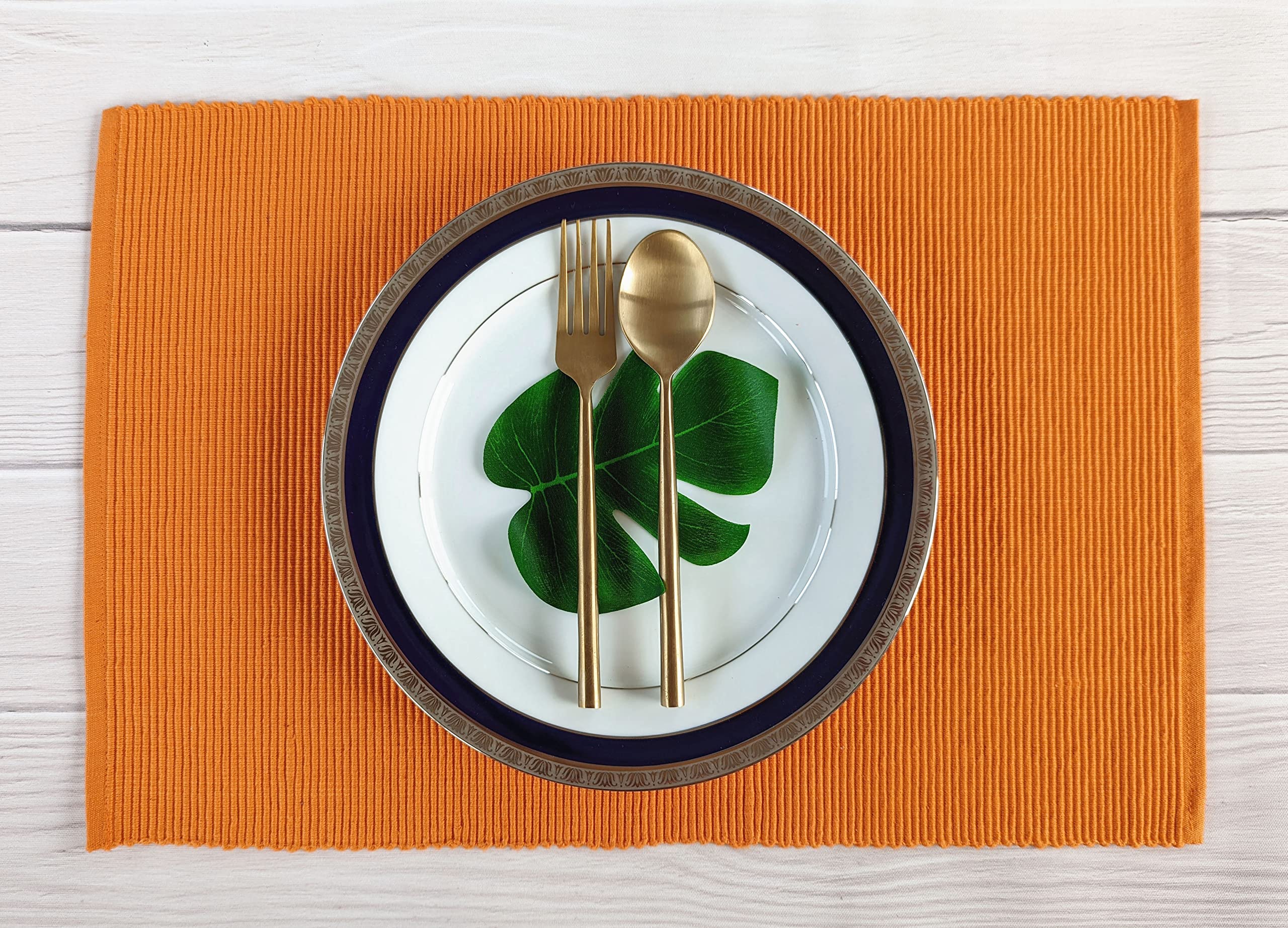 Avka Studio 100% Cotton Ribbed Placemats - Set Of 4-13 X 19 Inches - Orange - Everyday/Fall/Thanksgiving/Halloween Cloth Table M