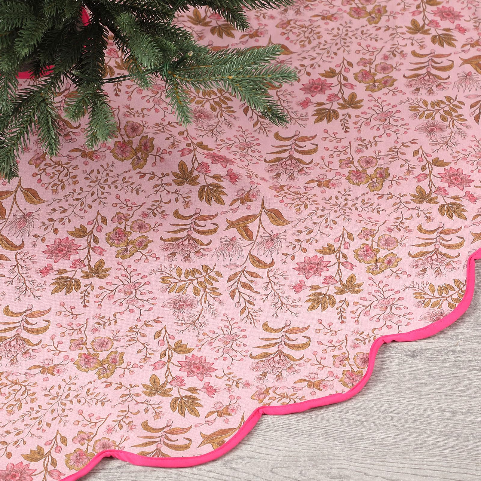 MiniInflat Christmas Tree Skirt Cotton Floral Block Tree Skirt in Nature Color for Home Xmas Party Seasonal Holiday Decoration I