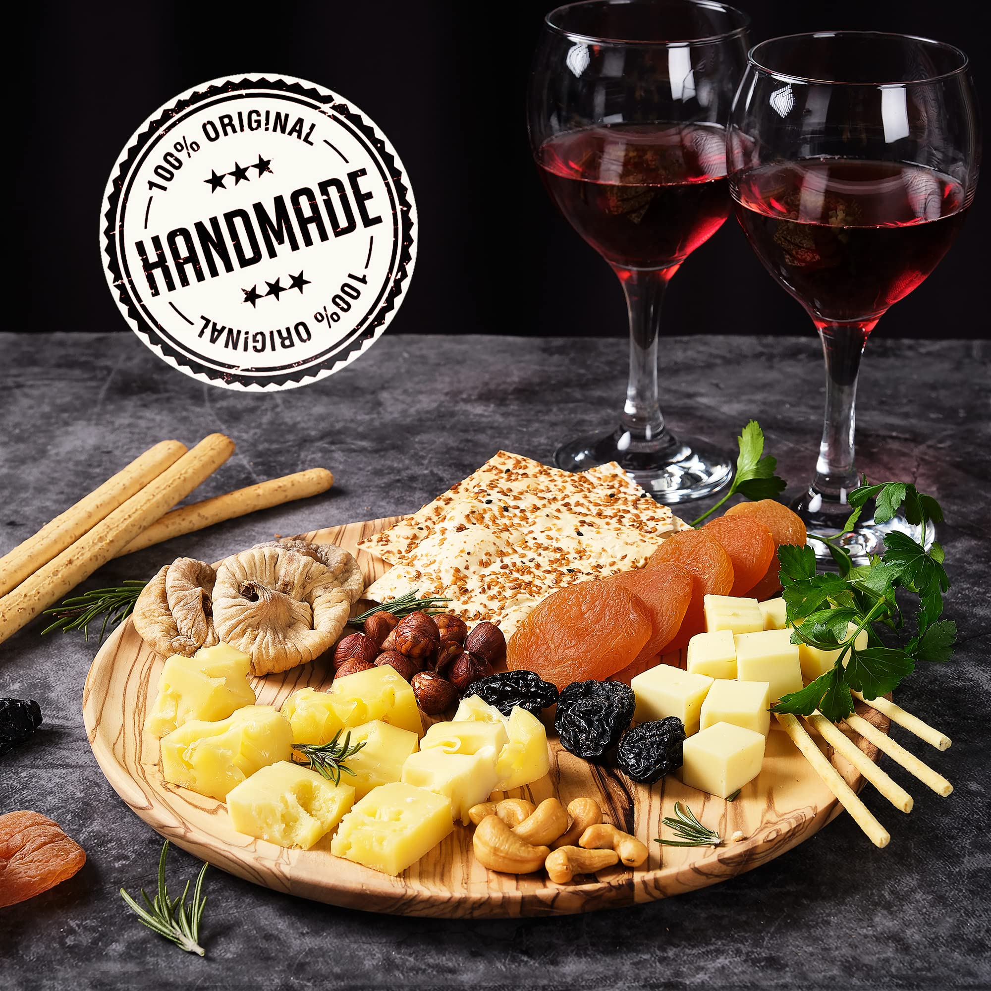 Crystalia Olive Wood Charcuterie Board, 9.8" Large Round Platter, Handmade from Olive Tree, Brown, Model 00319-OliveServingPlate