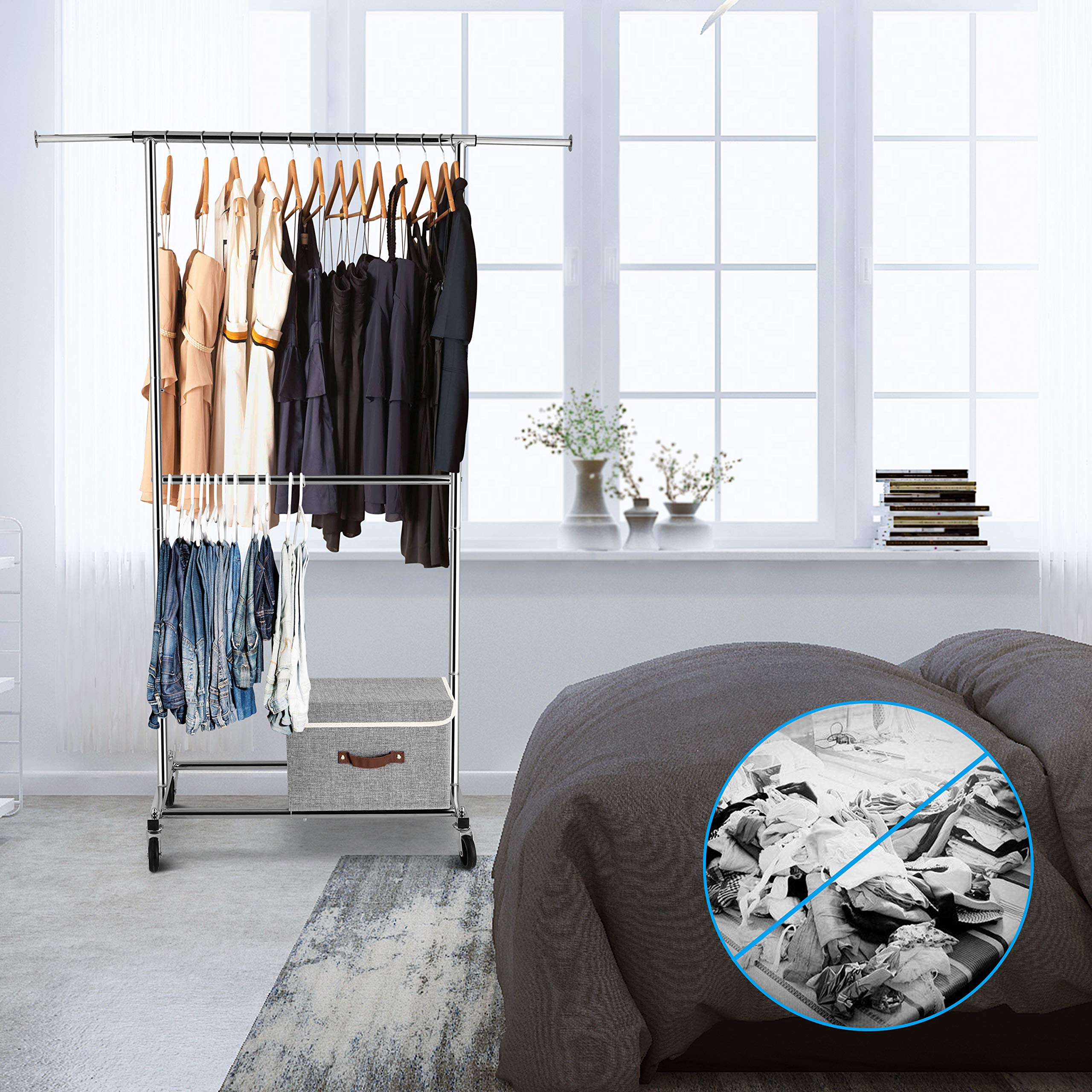 Simple Trending Double Rod Clothing Garment Rack  Rolling Clothes Organizer on Wheels for Hanging Clothes  Chrome