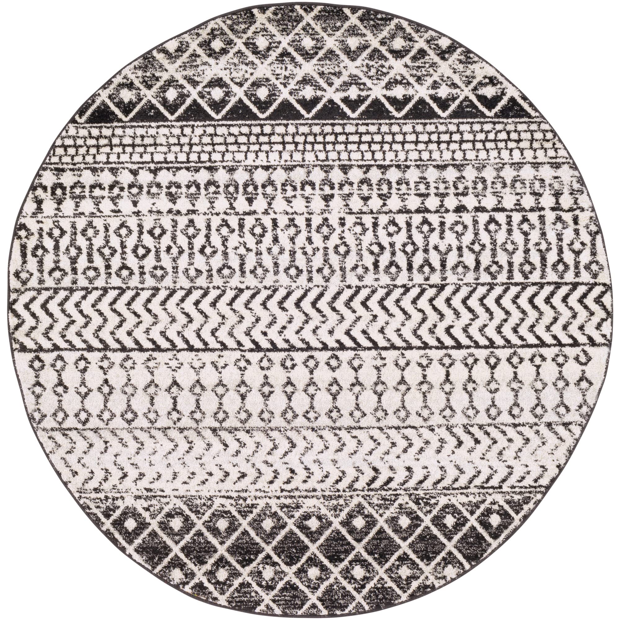 Livabliss Area Rugs - 10ft Round Chester Boho Moroccan Black Rug for Living Room Bedroom - White Grey Geometric Stain Resistant