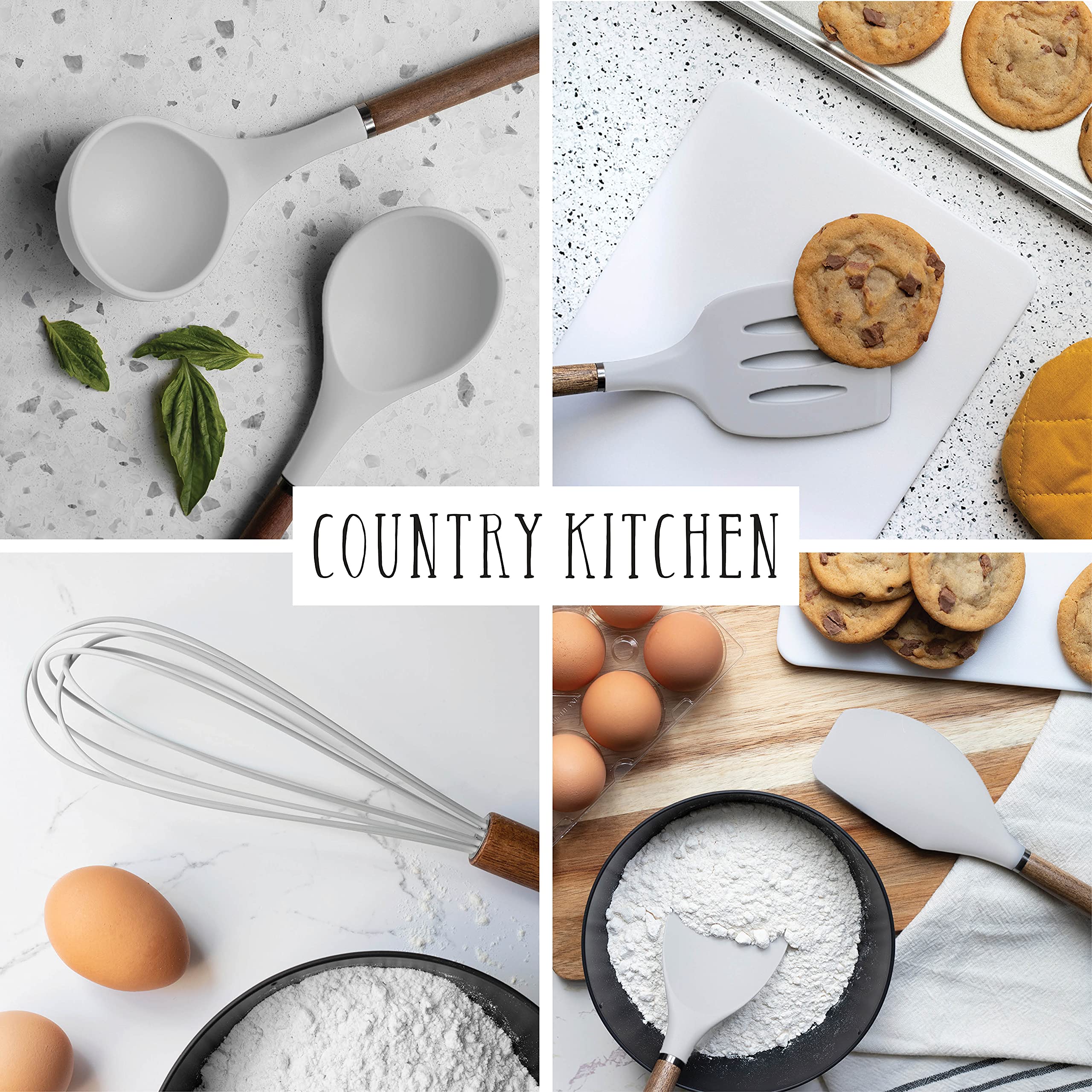 Country Kitchen 8 Pc Non Stick Silicone Utensil Set With Rounded Wood Handles For Cooking And Baking - White