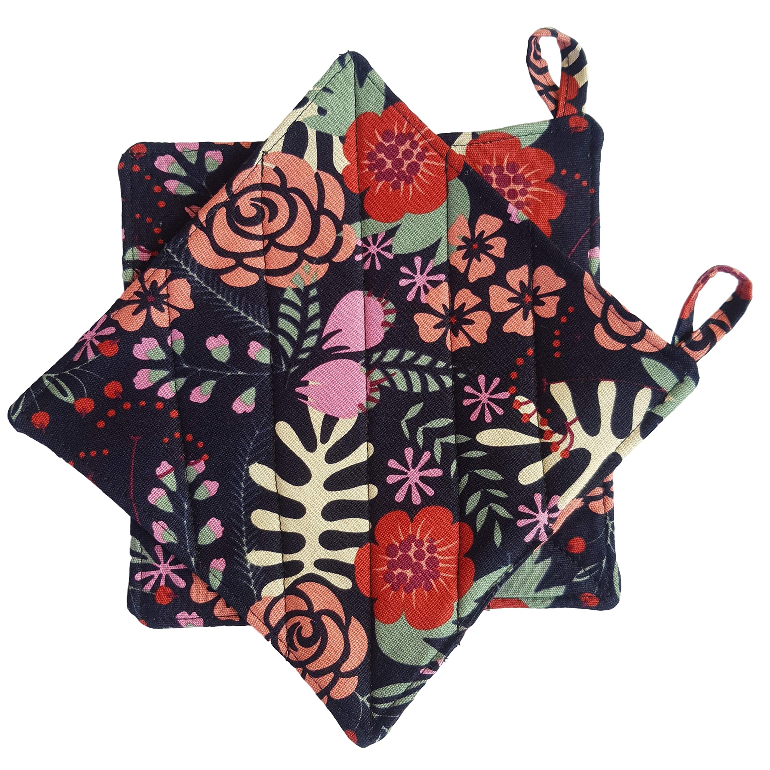 Cushystore Canvas Pot Holder Oven Pads Potholders Navy Blue For Cooking Kitchen 7.75'', 2 Pack (Exotic Flower)