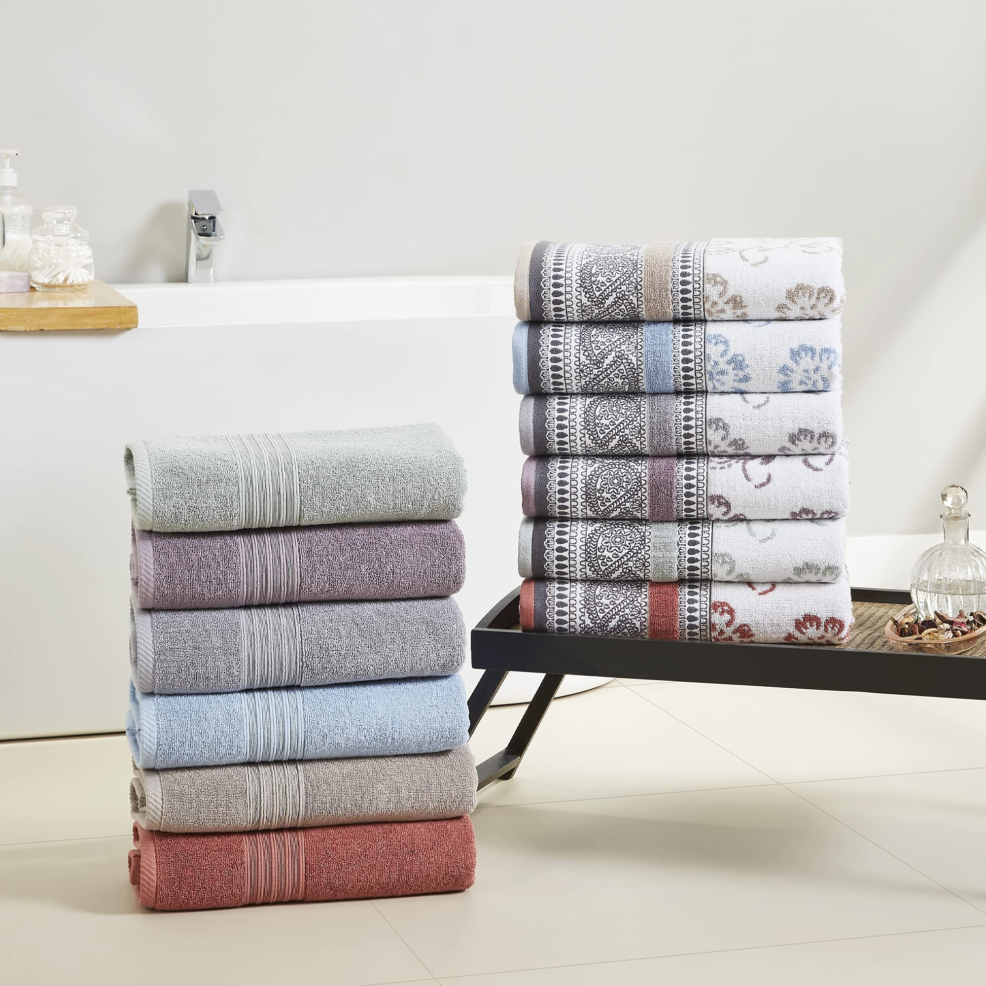 Modern Threads 6 Piece Set, 2 Bath Towels, 2 Hand Towels, 2 Washcloths Yarn Dyed Jacquard/Solid Towel Set Ophelia Fawn
