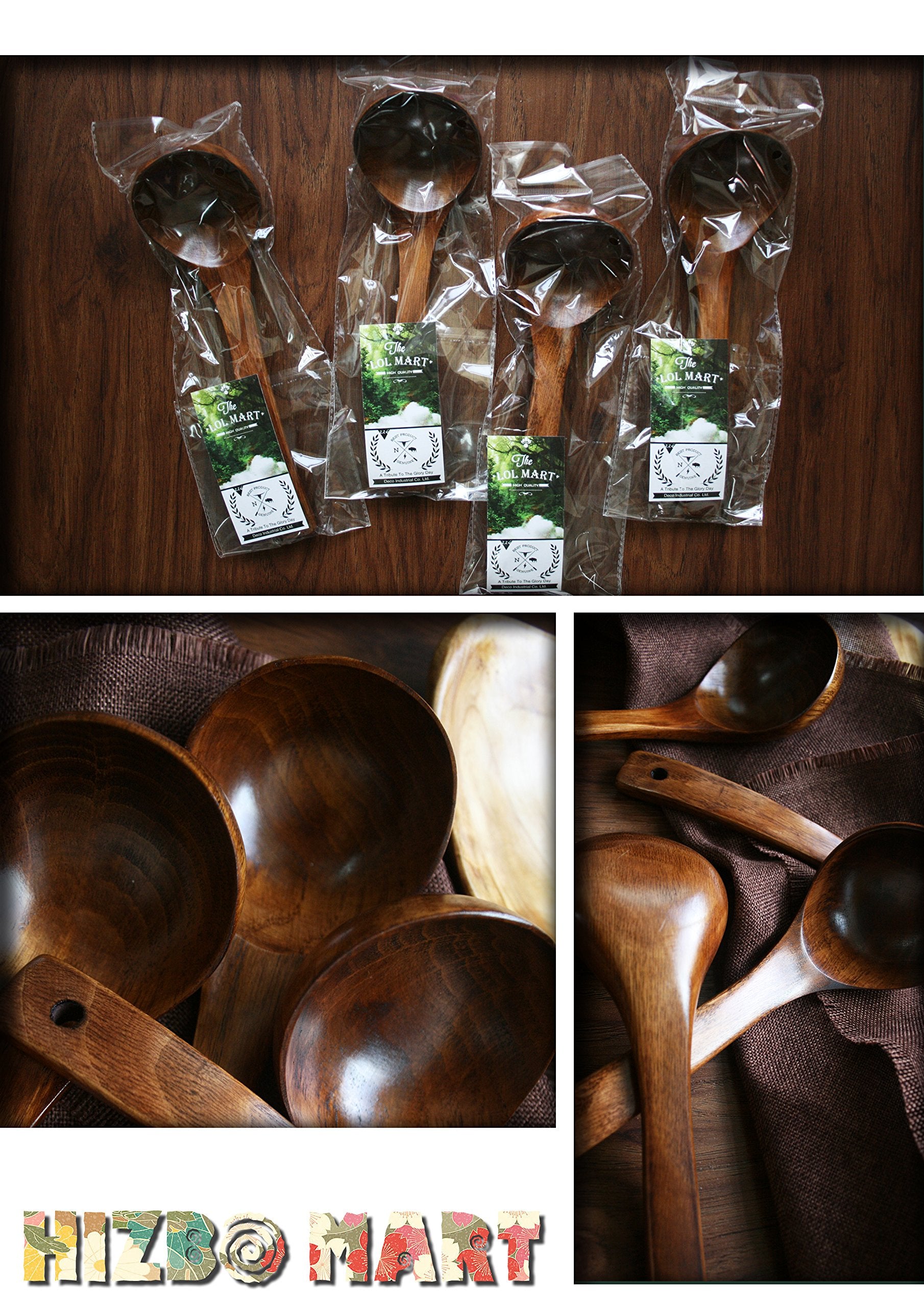 Hizbo Mart Straight Handle Wooden Wood Scoop Soup Spoon Ladle 9.5 Inch Brown(Set Of 2)