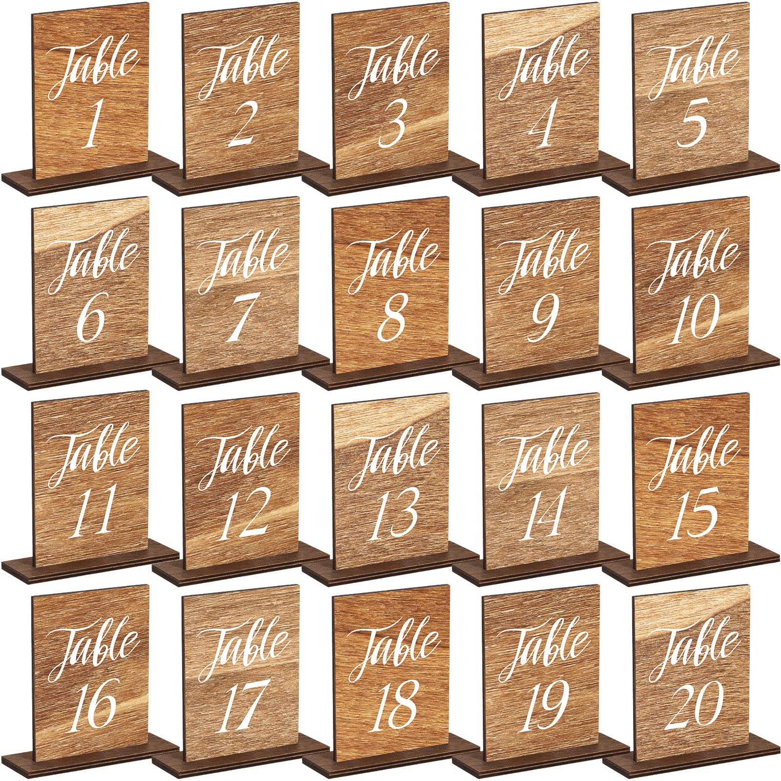 Chunful 20 Pcs Wedding Wooden Table Numbers with Wooden Base Rustic Wedding Centerpieces for Tables Number Sign for Banquet Rest